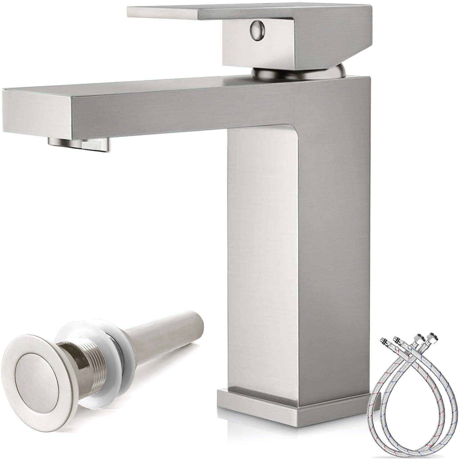 SeanPeak Bathroom Faucet, Brushed Nickel Bathroom Faucets, Solid Brass Sink Faucet, Lead-Free Single Handle Vanity Faucets with 2 Water Supply Hoses & Drain Stopper