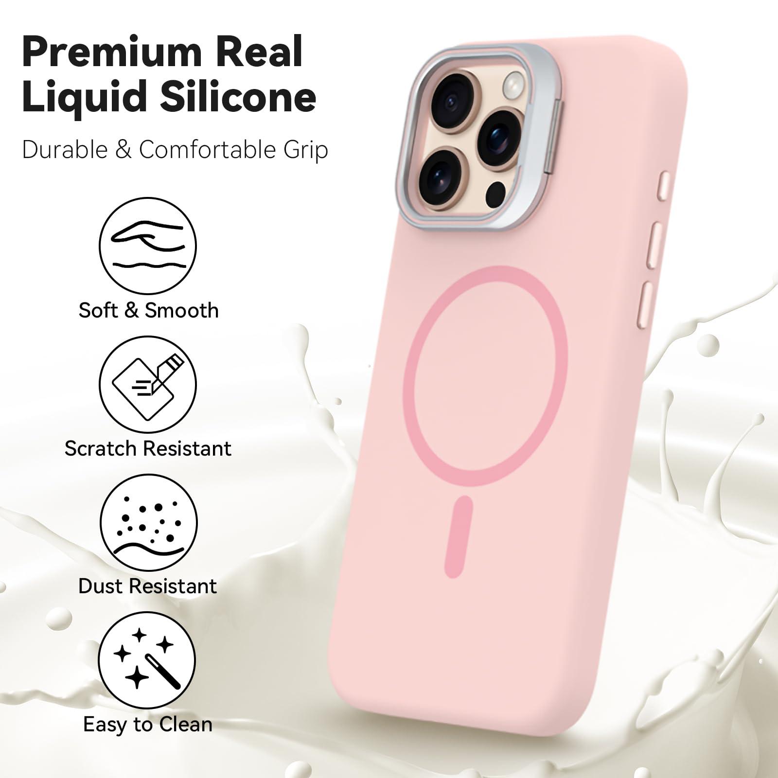 Vanxiliiy for iPhone 16 Pro Max Liquid Silicone Case with Invisible Camera Ring Stand Compatible with Magsafe, Slim Metal Buttons Anti-Impact Magnetic Protective Case for iPhone 16 Pro Max 6.9", Pink - Image 6