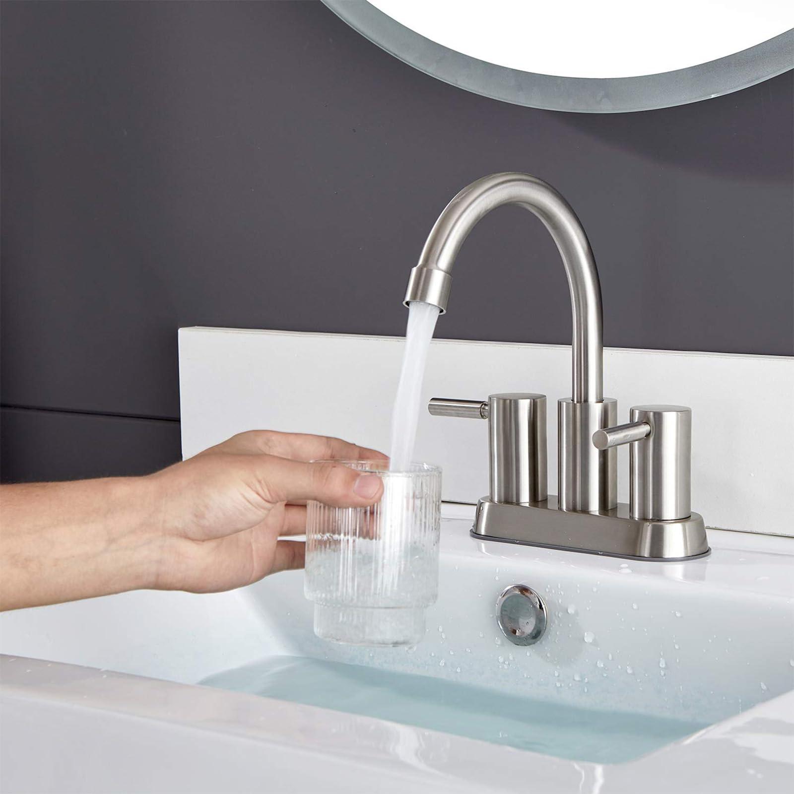 Brushed Nickel Bathroom Faucet, 2 Handle Bathroom Sink Faucets Centerset, 360° Swivel High-Arc Spout Modern 4 inch Bath Faucet for Vanity Lavatory with Pop-up Drain & Water Hoses - Image 2