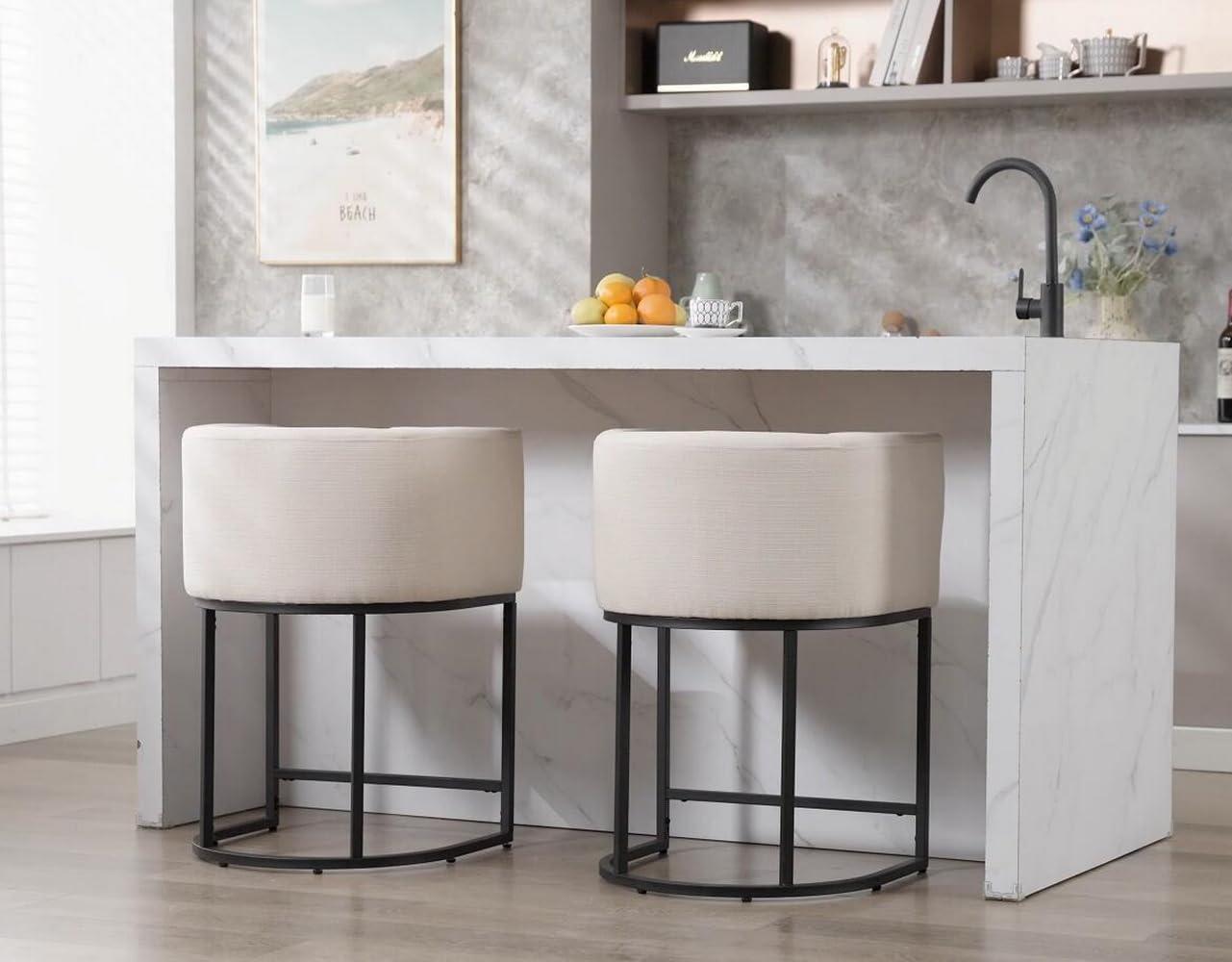 RIVOVA Contemporary Cream Linen Bar Stools Set of 3, 24" Upholstered Fabric Counter Height Barstools Kitchen Counter Island Stools with Screwed Together Black Metal Base - Image 5
