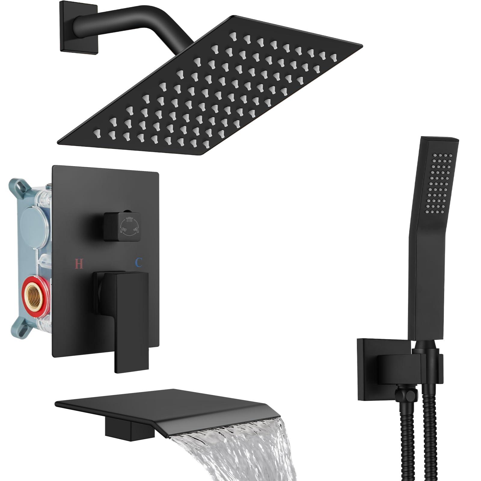 Midanya Rain Shower System Tub Shower Faucet Set Square Rainfall Head with Handheld Sprayer and Waterfall Tub Spout Rough-in Valve Included,8 Inch Matte Black