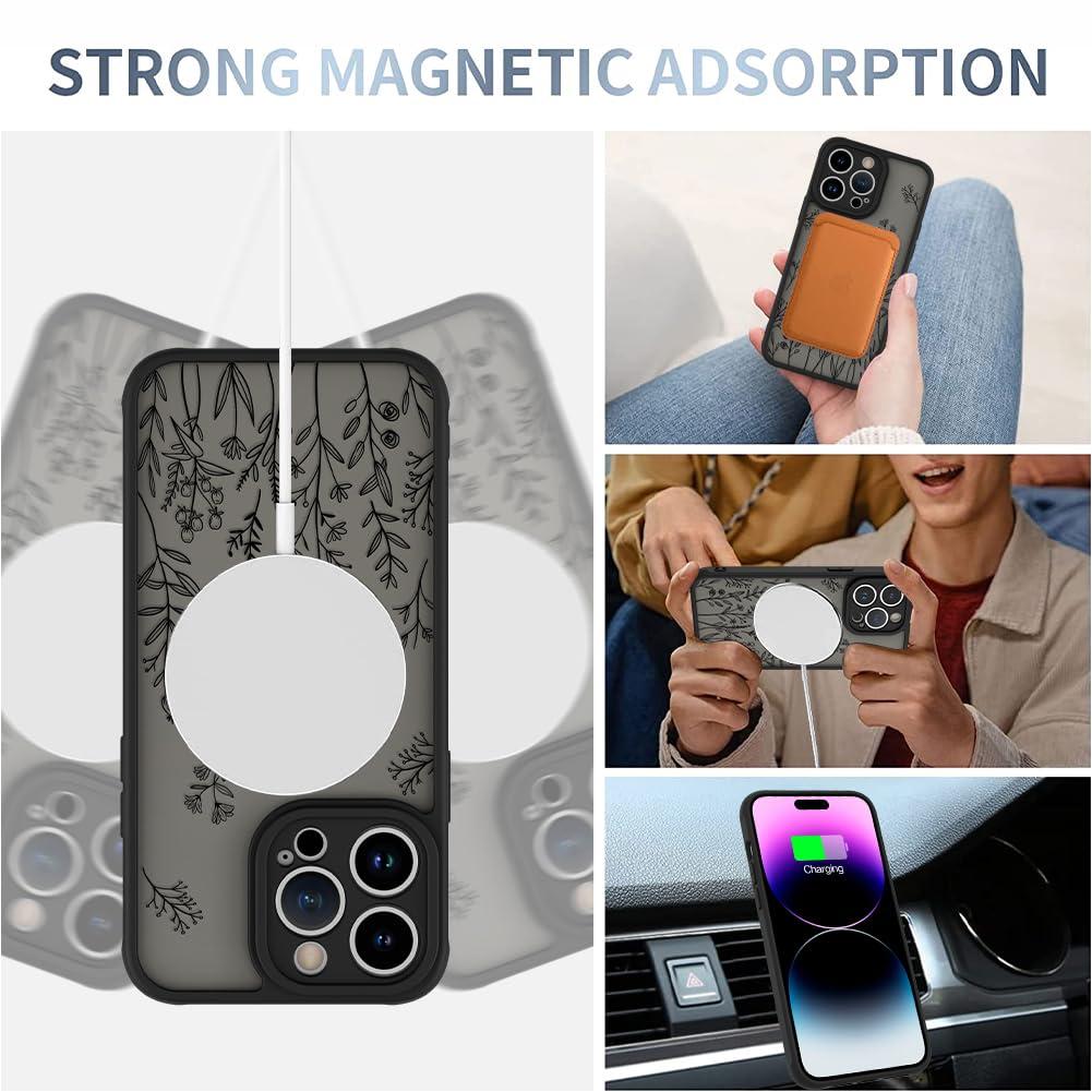 AIGOMARA Magnetic Case for iPhone 14 Pro [Compatible with MagSafe] Cute Black Flower Floral Case for Women Girls Soft TPU Bumper Hard PC Back Anti-Fall Shockproof Protective Slim Cover - Image 3