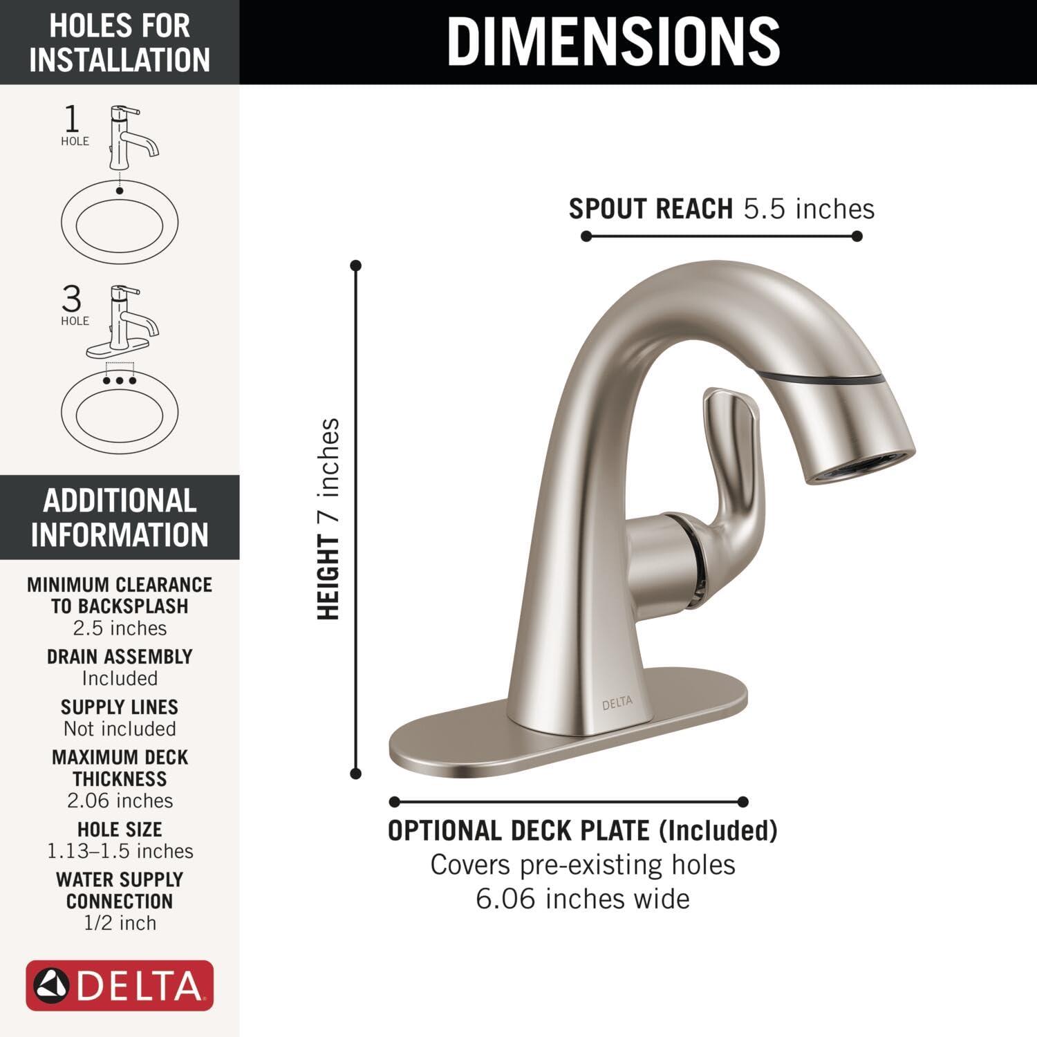 Delta Arvo 1 Hole Pull Down Bathroom Faucet with Sprayer, Brushed Nickel Single Hole Bathroom Sink Faucet with Pull Out Sprayer for Vanity, Push-Pop Drain, SpotShield Stainless 15840LF-SPPD - Image 3