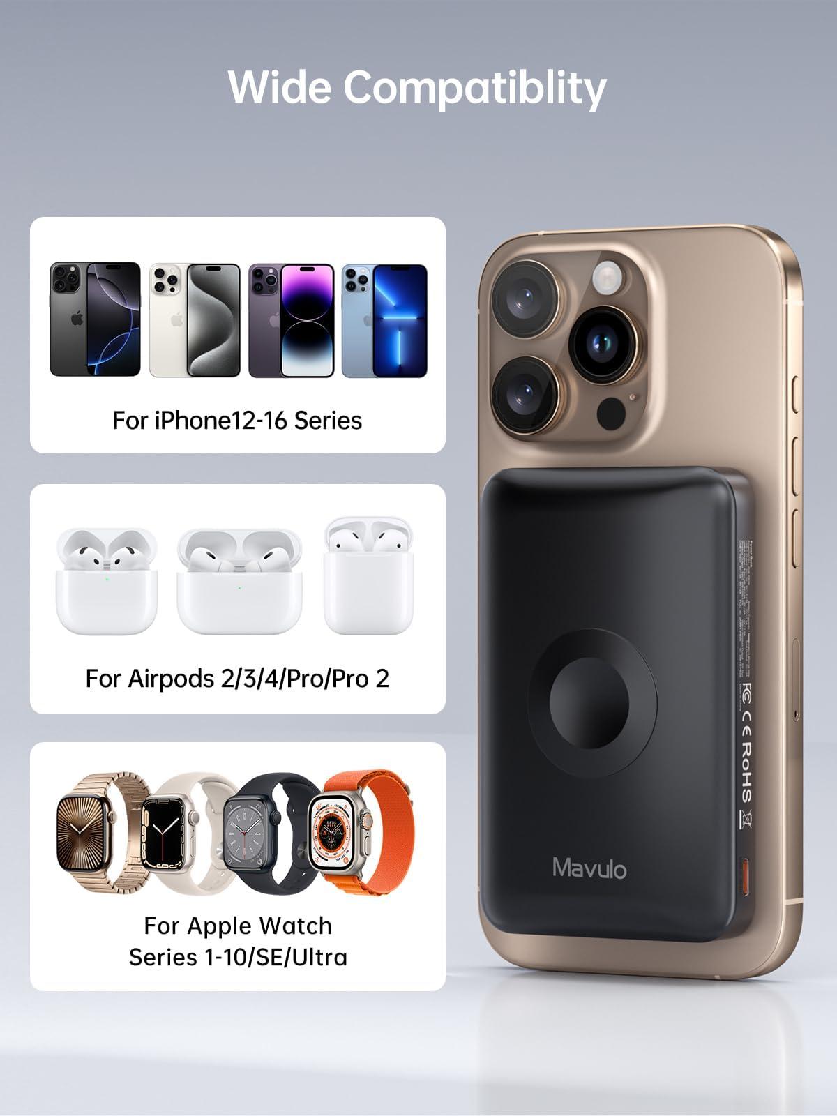 Mavulo 2 in 1 Wireless Portable Charger for Apple Watch and iPhone, 12000mAh Magnetic Power Bank 20W USB C Fast Charging Battery Pack for iPhone 16 15 14 13 12 Series Travel iWatch Charger - Image 5