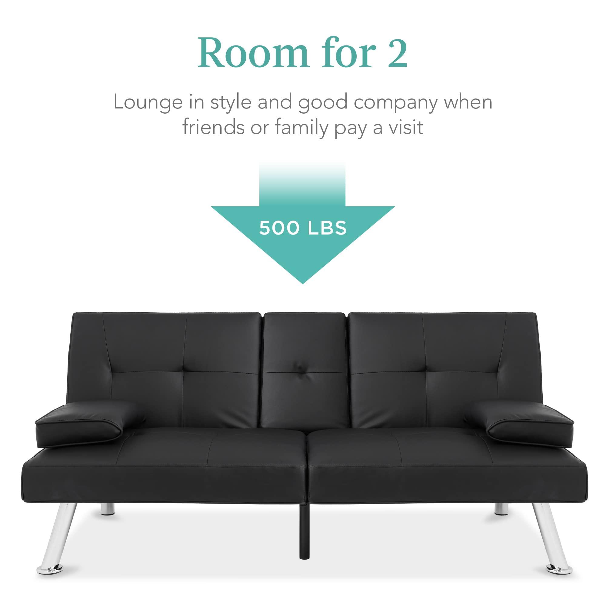 Best Choice Products Faux Leather Upholstered Modern Convertible Futon, Adjustable Folding Sofa Bed, Guest Bed w/Removable Armrests - Black - Image 4
