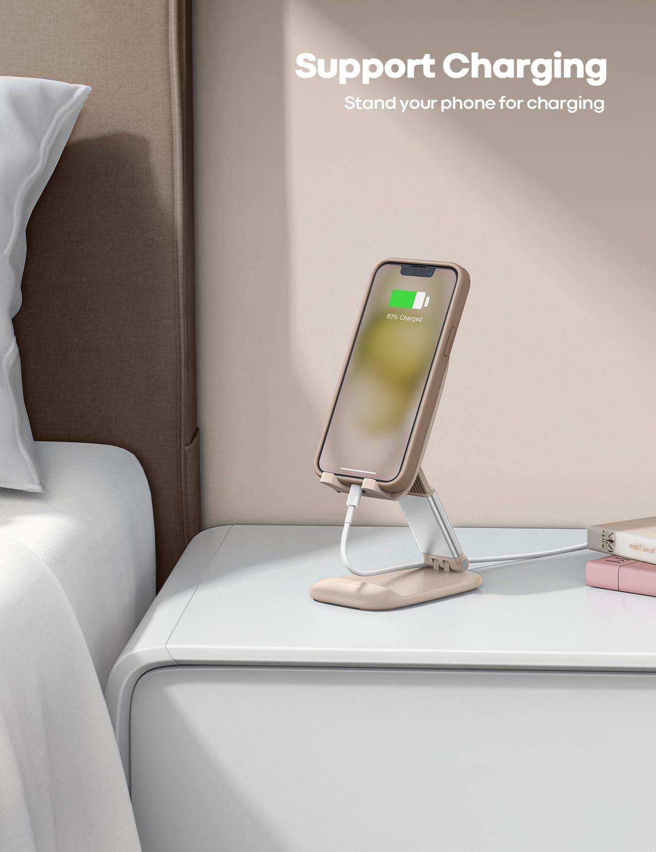 Lamicall Khaki Phone Stand for Desk - Cell Phone Holder Khaki Desk Accessories Desktop Office Must Have Compatible with iPhone, 4-8'' Smartphone - Image 3