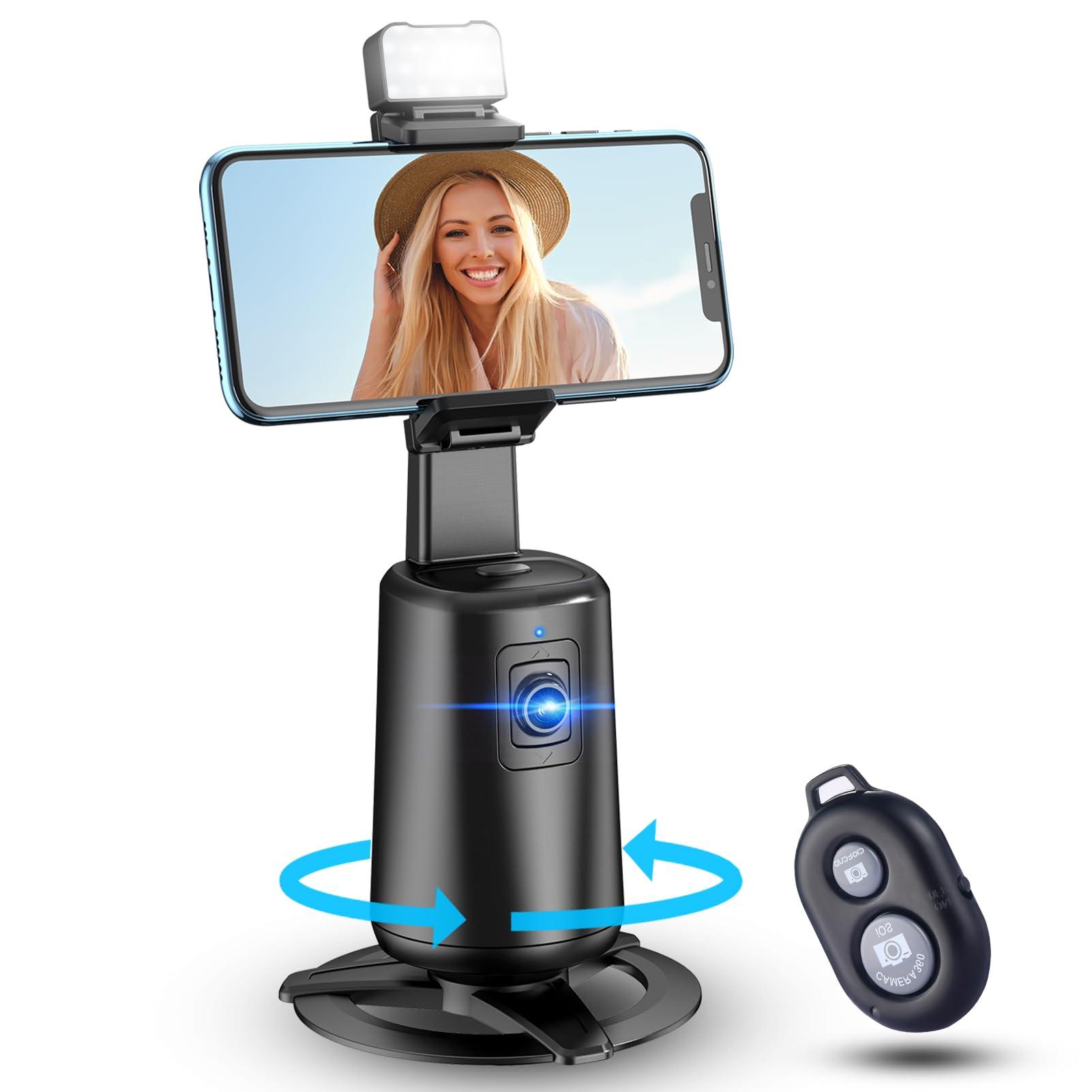Auto Face Tracking Tripod 360° Rotating Cell Phone Photo and Video Kits Stand, No App, Camera Stand with Remote and Gesture Control, Rechargeable Smart Shooting Stand for Live Recording Tiktok（Black）
