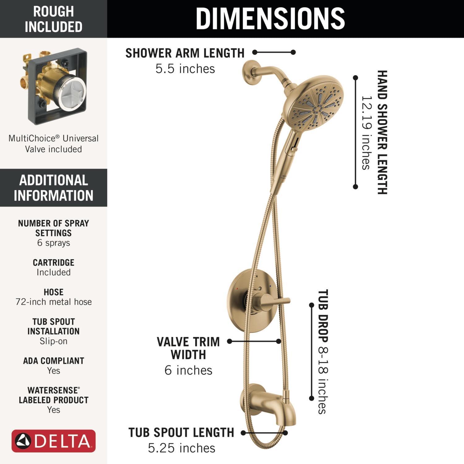 Delta Faucet Nicoli 14 Series Single-Handle Tub and Shower Trim Kit, Gold Shower Faucet with 6-Spray H2Okinetic Hand Held Shower Head with Hose, Champagne Bronze 144749-CZ-HS (Shower Valve Included) - Image 3