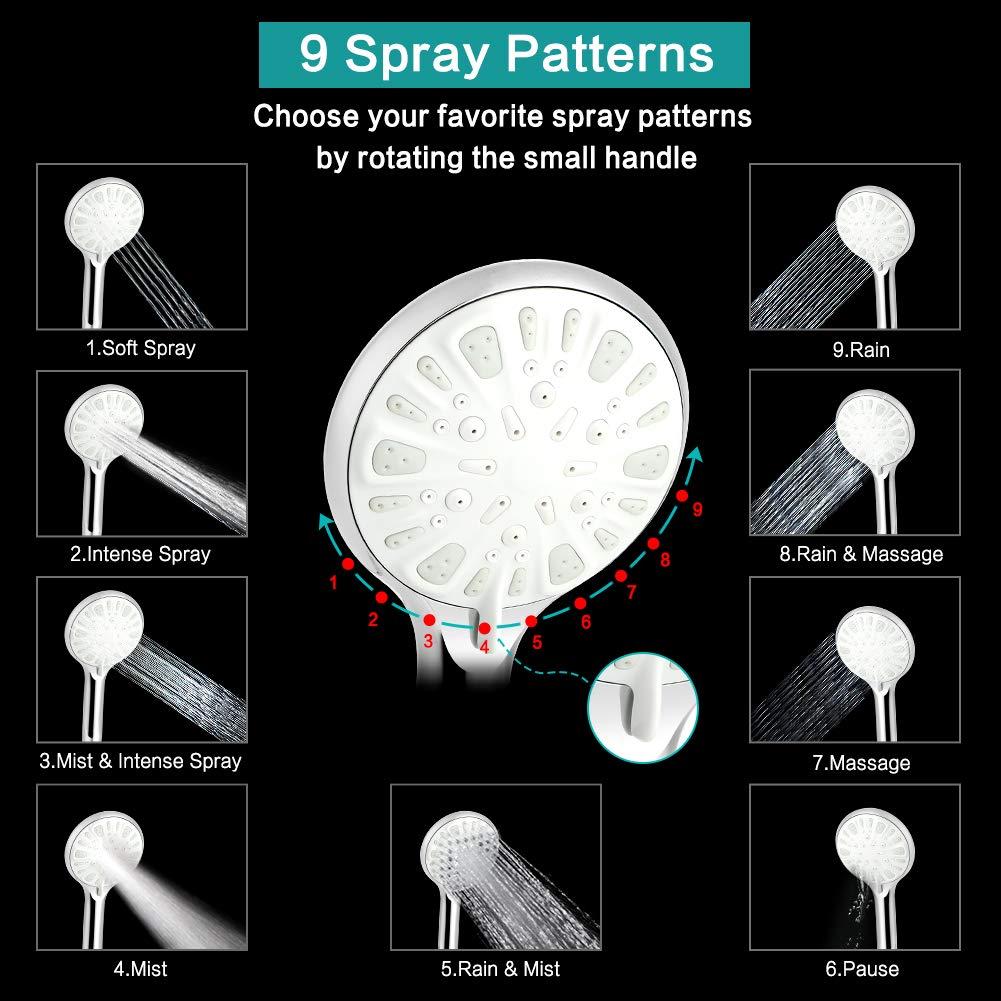 Shower Head, 8 Inch High Pressure Rainfall Shower Head/Handheld Shower Combo with 11 Inch Extension Arm, 9 Settings Adjustable Anti-leak Shower Head with Holder/Hose, Height/Angle Adjustable - Image 5