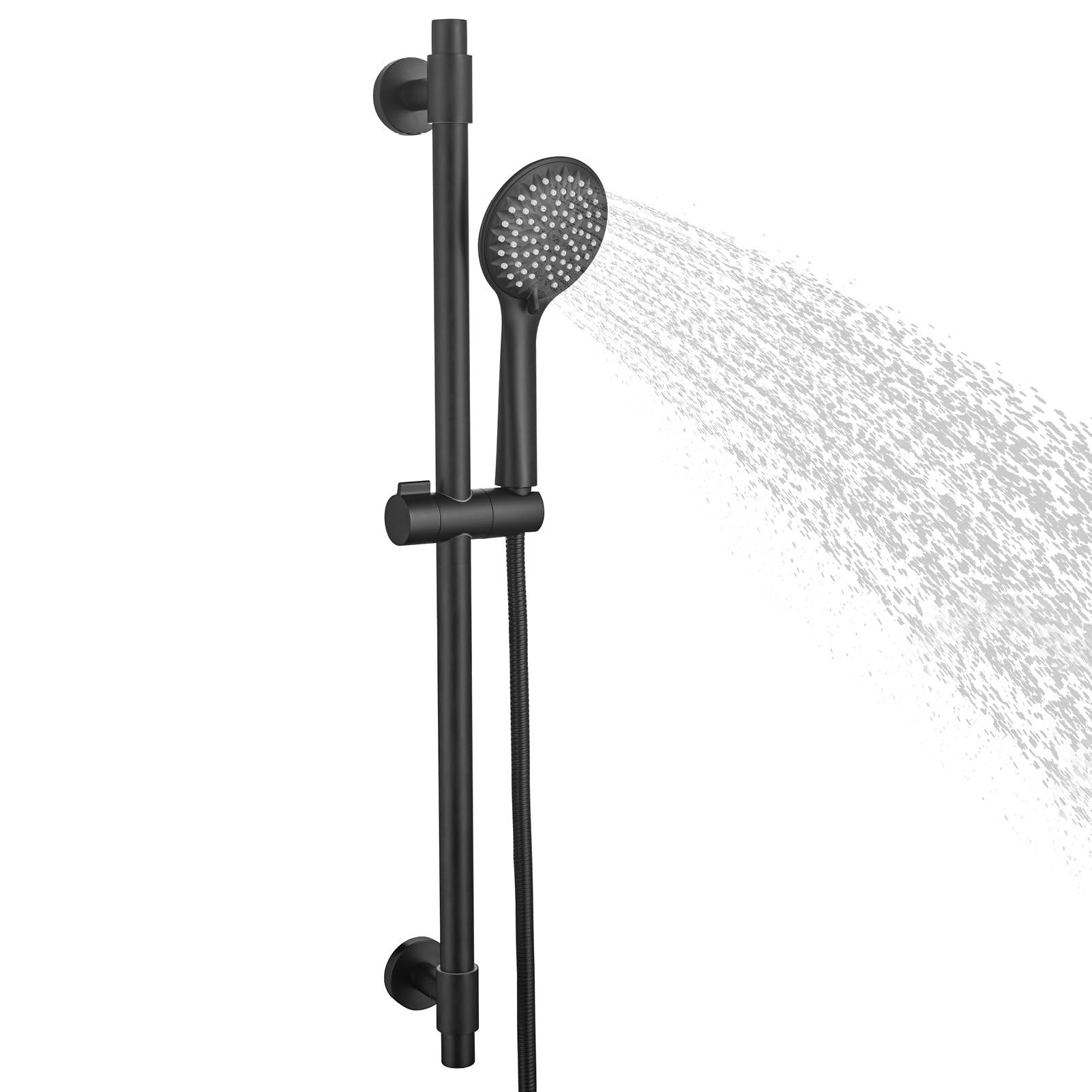 YSNOL Adjustable Shower Slide Bar with 5-Function Handheld Shower Head, Stainless Steel Grab Slide Bar Combo with Extra Hose (Matte Black)