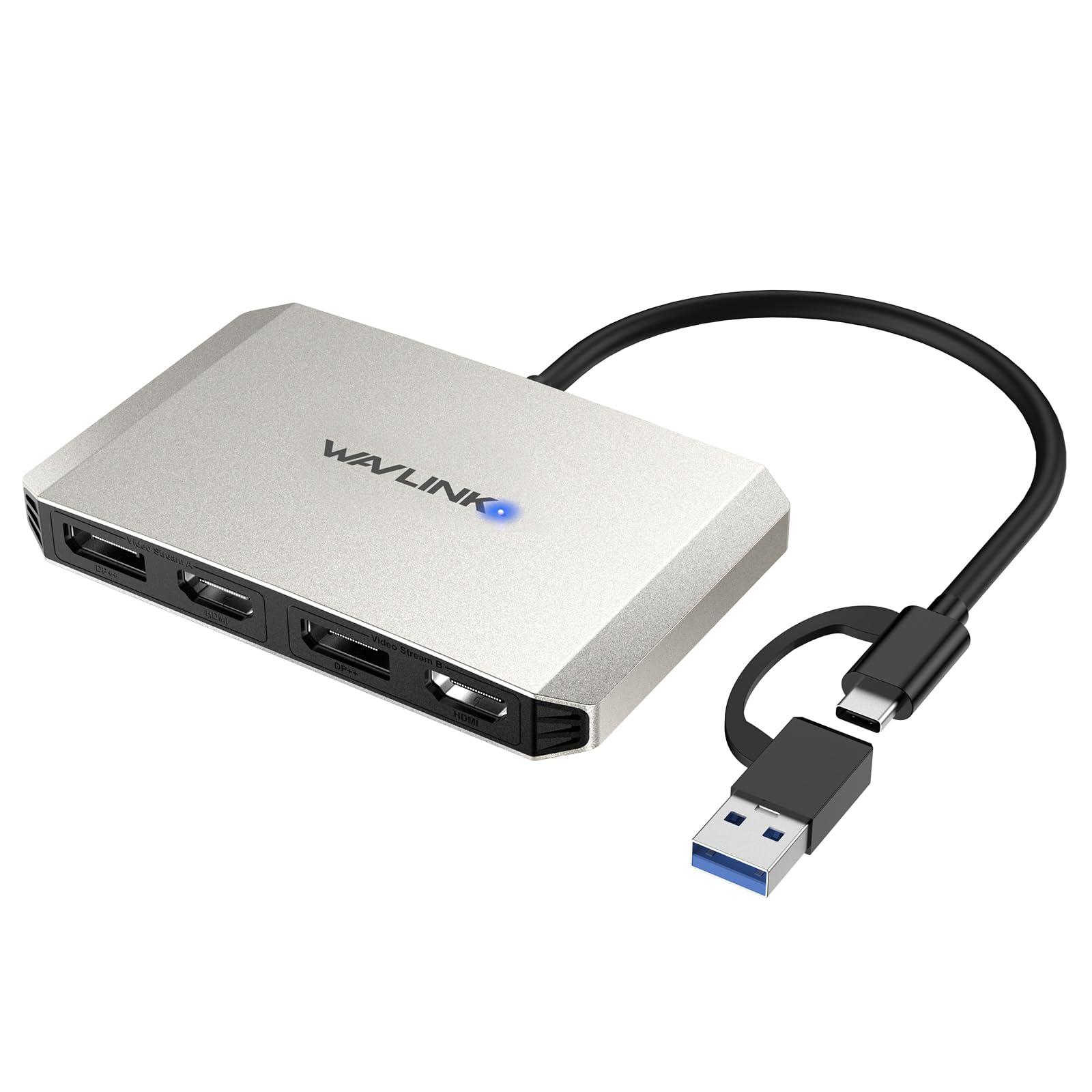 WAVLINK USB C and USB3.0 to Dual 4K DisplayPort & HDMI Adapter, Displaylink Dual 4K@60Hz Monitor Hub, Compatible with M1/M2 MacBook, HP, Dell, Lenovo,Surface-Silver