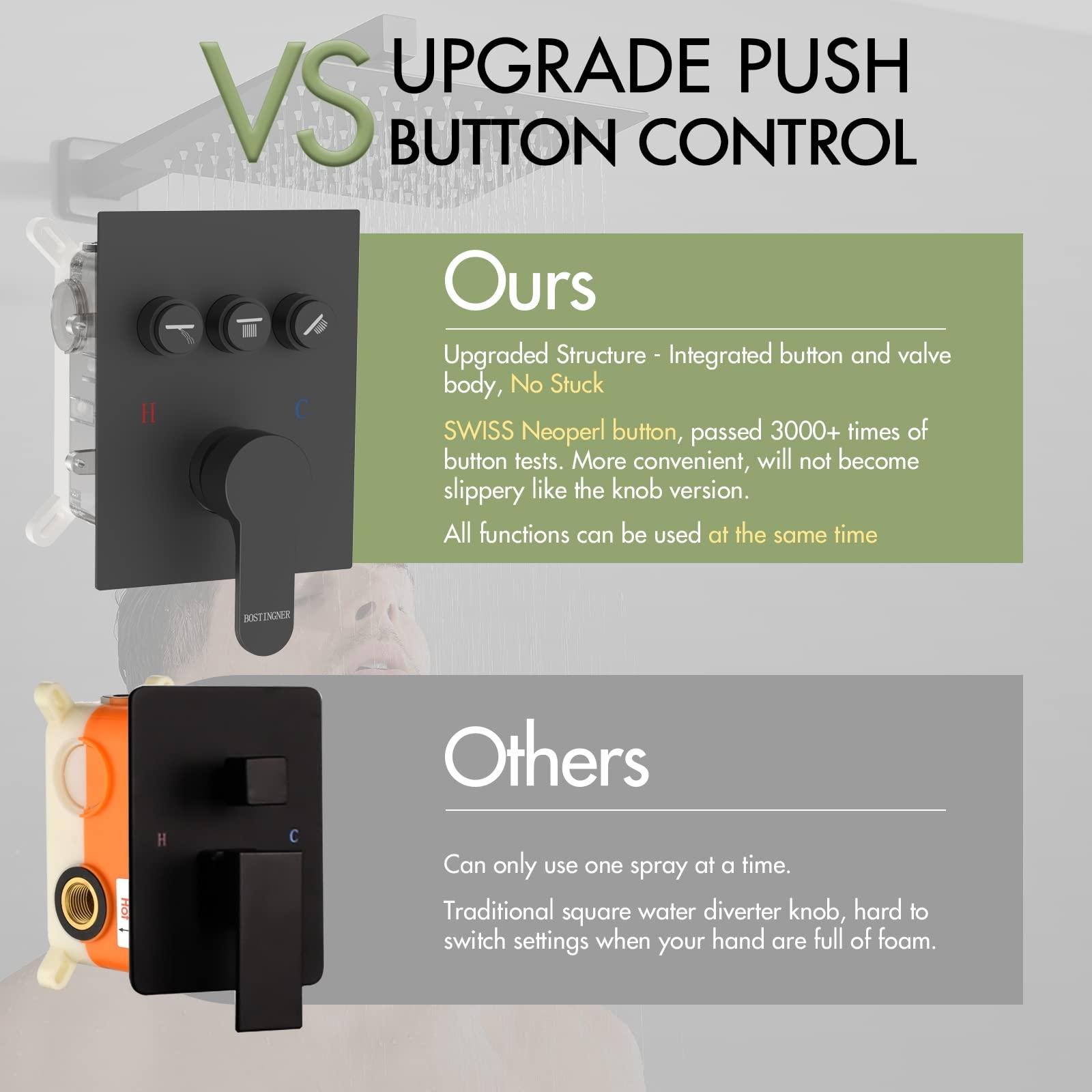 Shower Faucets Sets Matte Black Shower System with Body Jets,Bostingner 12" Rain Shower Head with Handheld Spray,Can Use at Same Time,3 Way Push Button Diverter Shower Set with Valve Kit Complete - Image 2