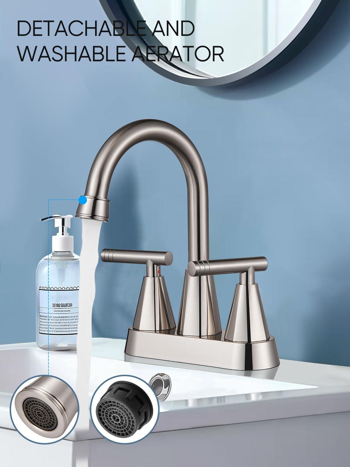 Cobbe 4 inch Brushed Nickel Bathroom Faucets with Pop up Drain and Two Supply Hoses, Lead-Free Stainless Steel 2 Handle Centerset Faucet for Vanity, RV - Image 5