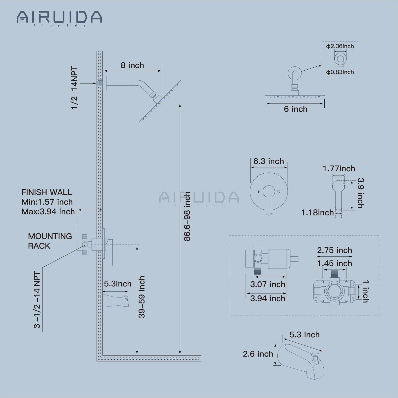 Airuida Shower Faucet Set with Tub Spout Bathtub Faucet Kit Shower Tub Faucet Set Complete Tub Shower Trim Kit with Solid Brass Rough-in Valve Rainfall Round 6 Inch Shower Head Matte Black - Image 2