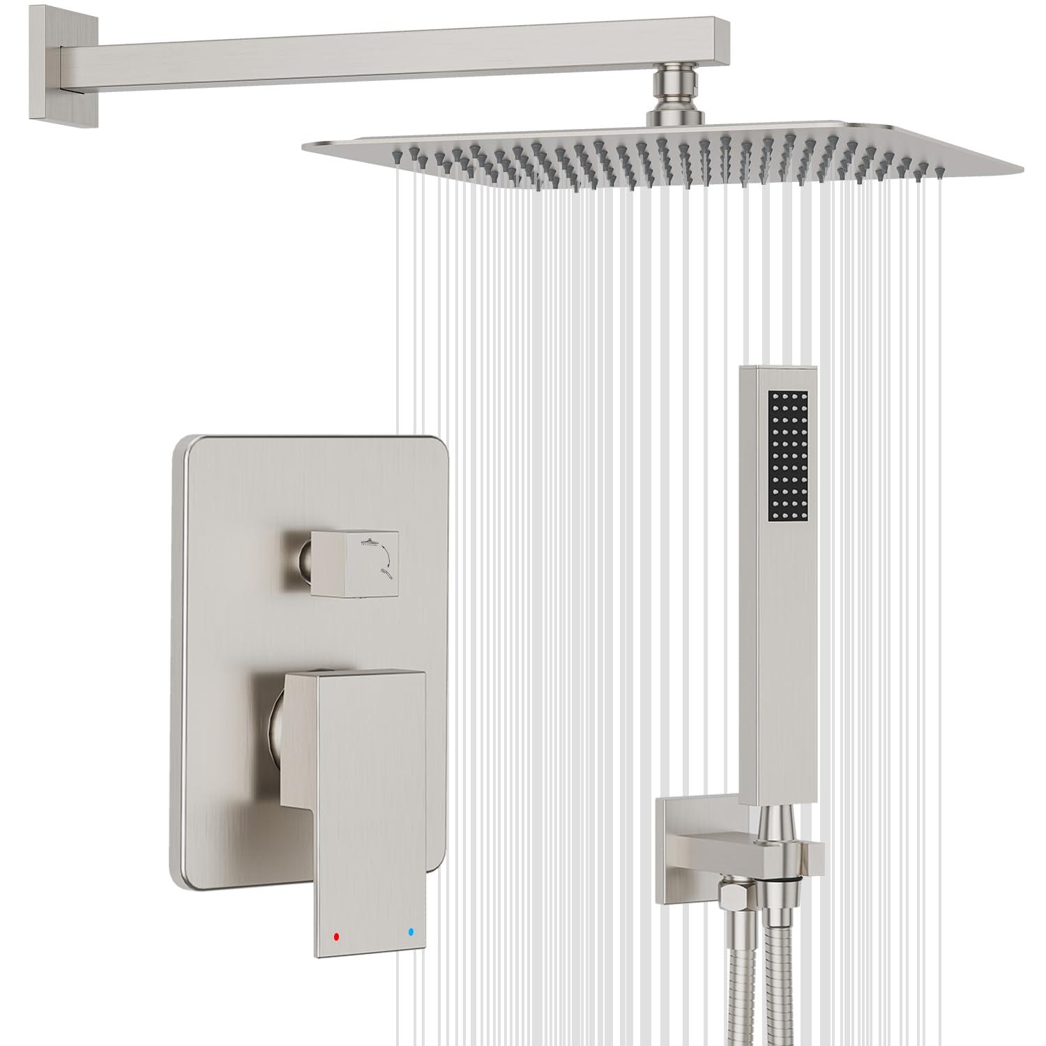 Gabrylly Shower System Brushed Nickel, Rain Shower head with handheld Shower Spray Combo, Rainfall Shower Faucet Set Complete, High Pressure 10" Stainless Steel Shower Valve Set