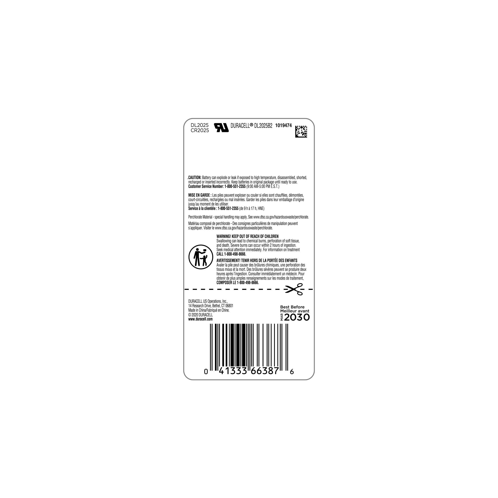 Duracell CR2025 3V Lithium Battery, Child Safety Features, 2 Count Pack, Lithium Coin Battery for Key Fob, Car Remote, Glucose Monitor, CR Lithium 3 Volt Cell - Image 2
