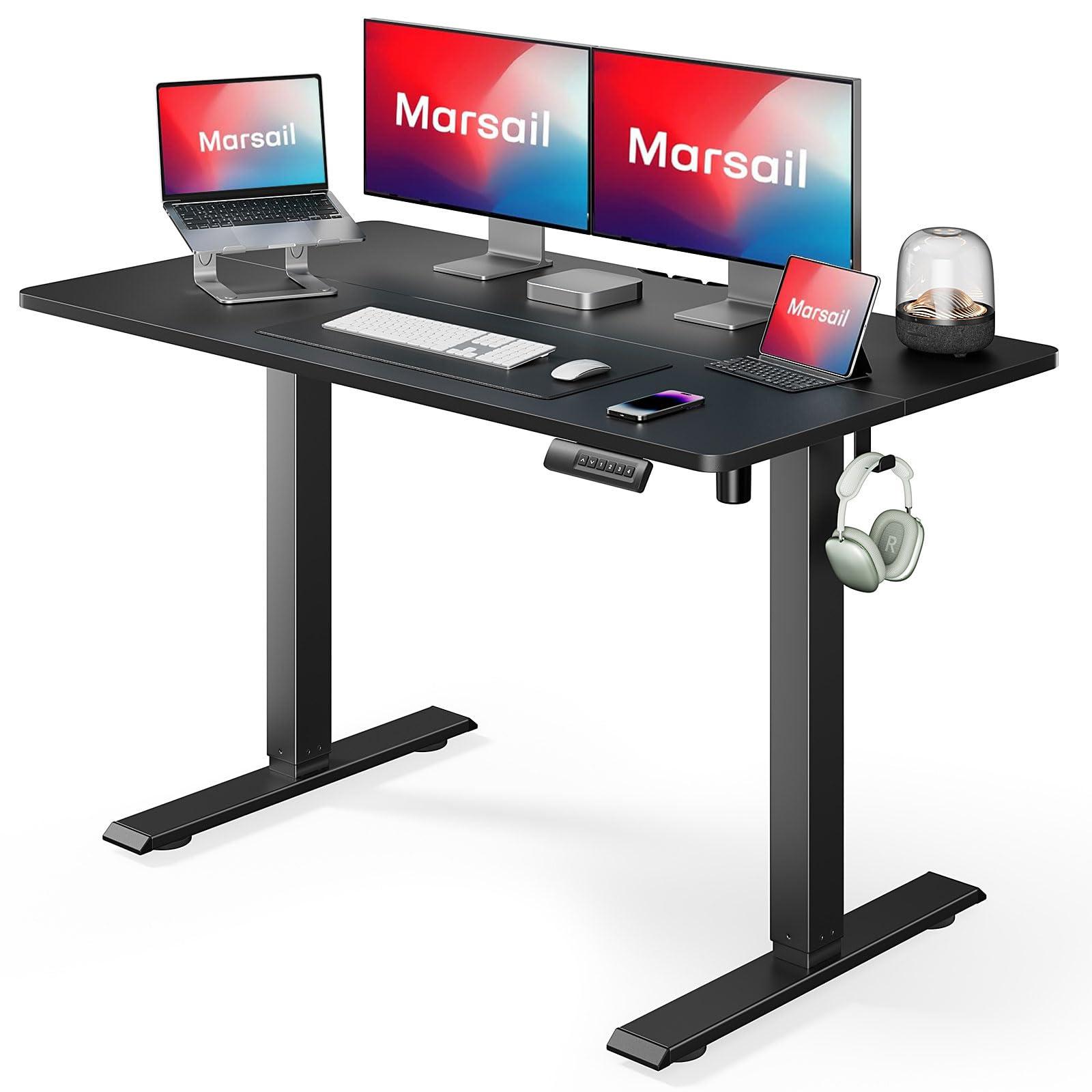 Marsail Electric Standing Desk Adjustable Height, 48 x 24 Inch Sit Stand up Desk for Home Office Furniture Computer Desk with 3 Memory Presets, Headphone Hook, Black