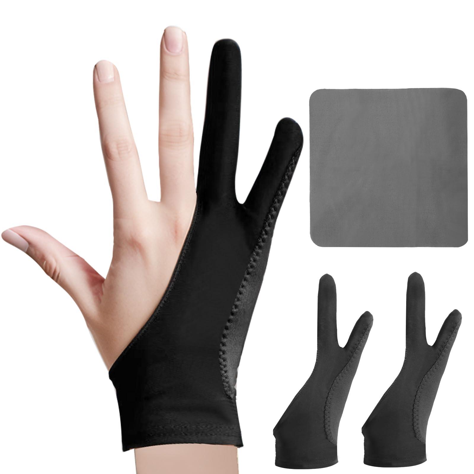 Digital Drawing Glove: 3-Layer Palm Rejection, Two-Finger Artist Glove for Drawing Tablet, iPad, Paper Sketching, Fits Left and Right Hand, Includes Cleaning Cloth(2 Pack,Black,Small)