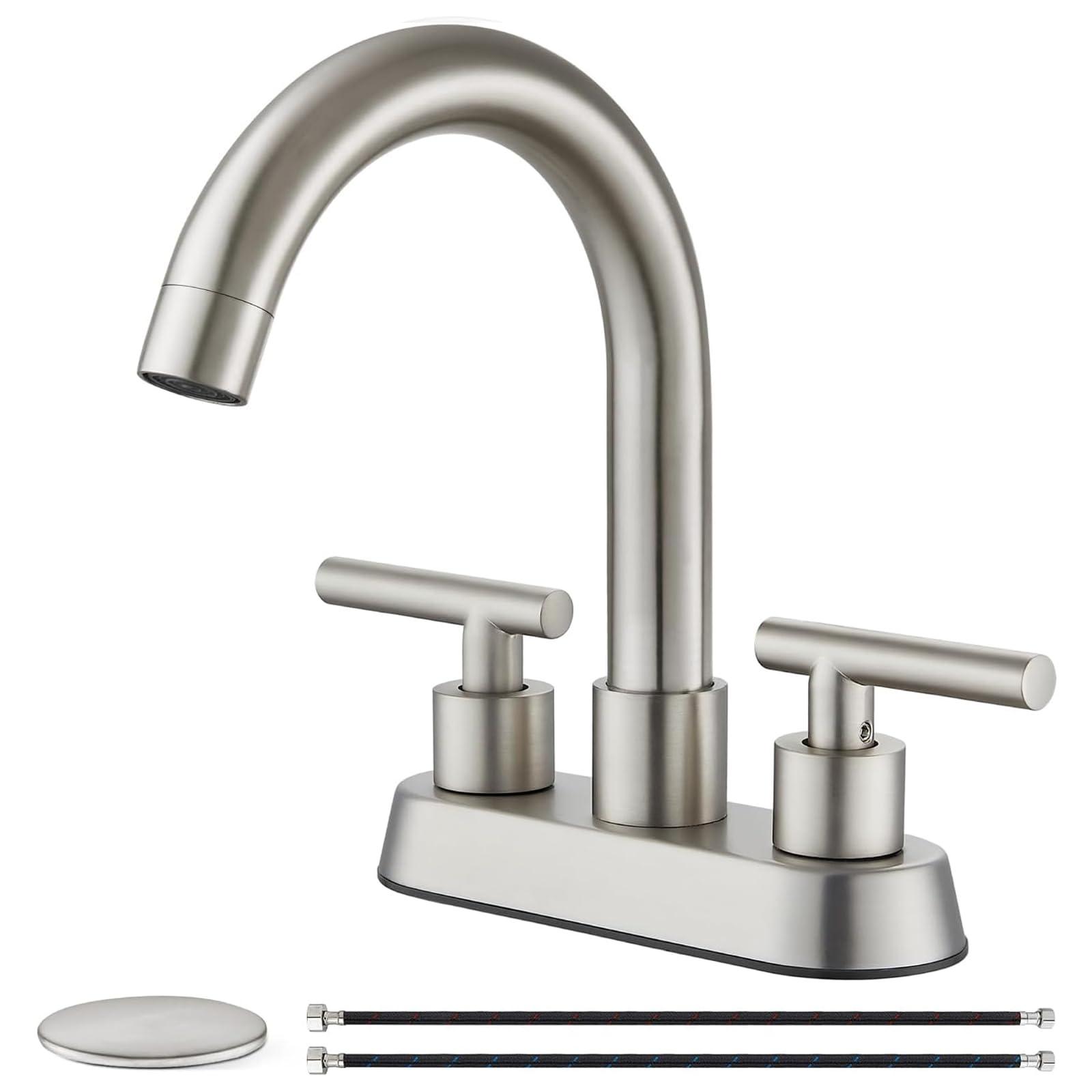 Cinwiny 4 Inch Centerset Bathroom Sink Faucet Double Handles Bathroom Vanity Faucets 360 Degree Swivel Spout Deck Mount Mixer Tap with Pop-up Drain,Brushed Nickel