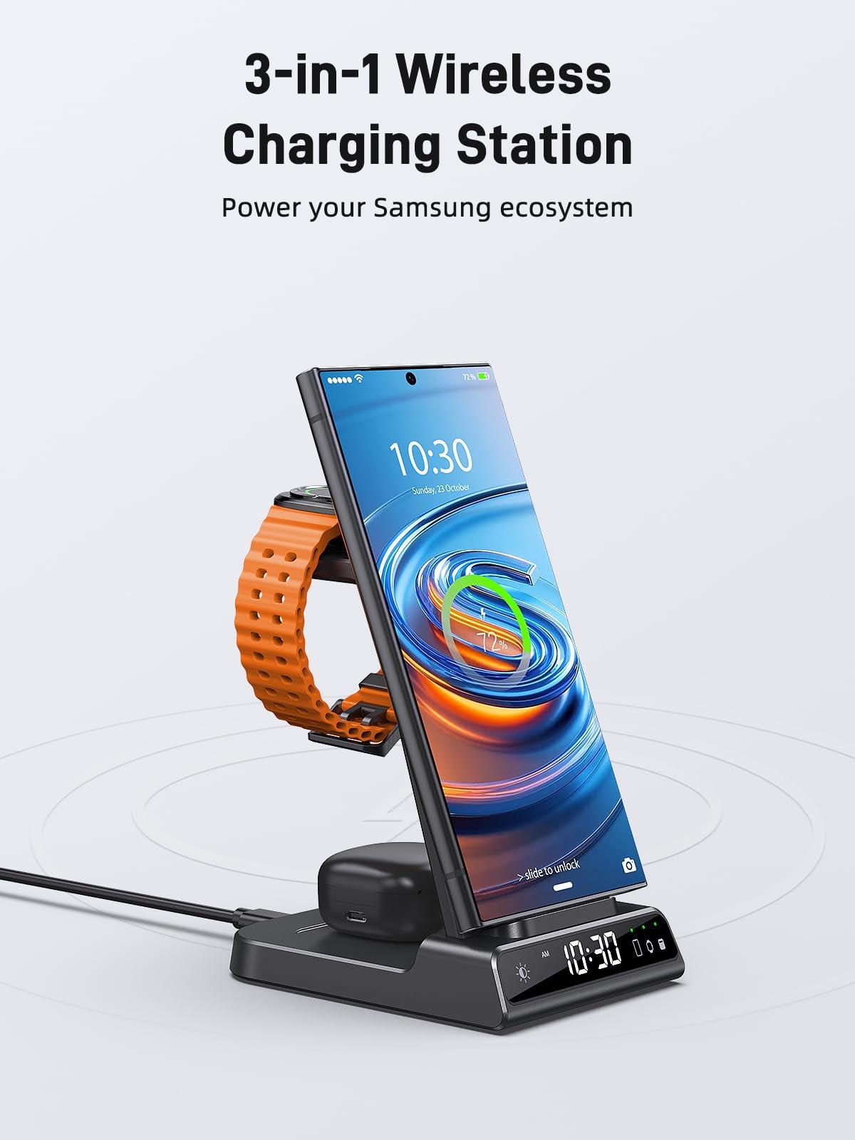 Wireless Charger for Samsung Charging Station, 3 in 1 Android Phone Wireless Charger for Samsung Galaxy S25 Ultra/S24 Ultra/S23/Z Flip 6/Fold 6/Buds, Charger for Galaxy Watch Ultra/7/6/5/4/3 (Black) - Image 2