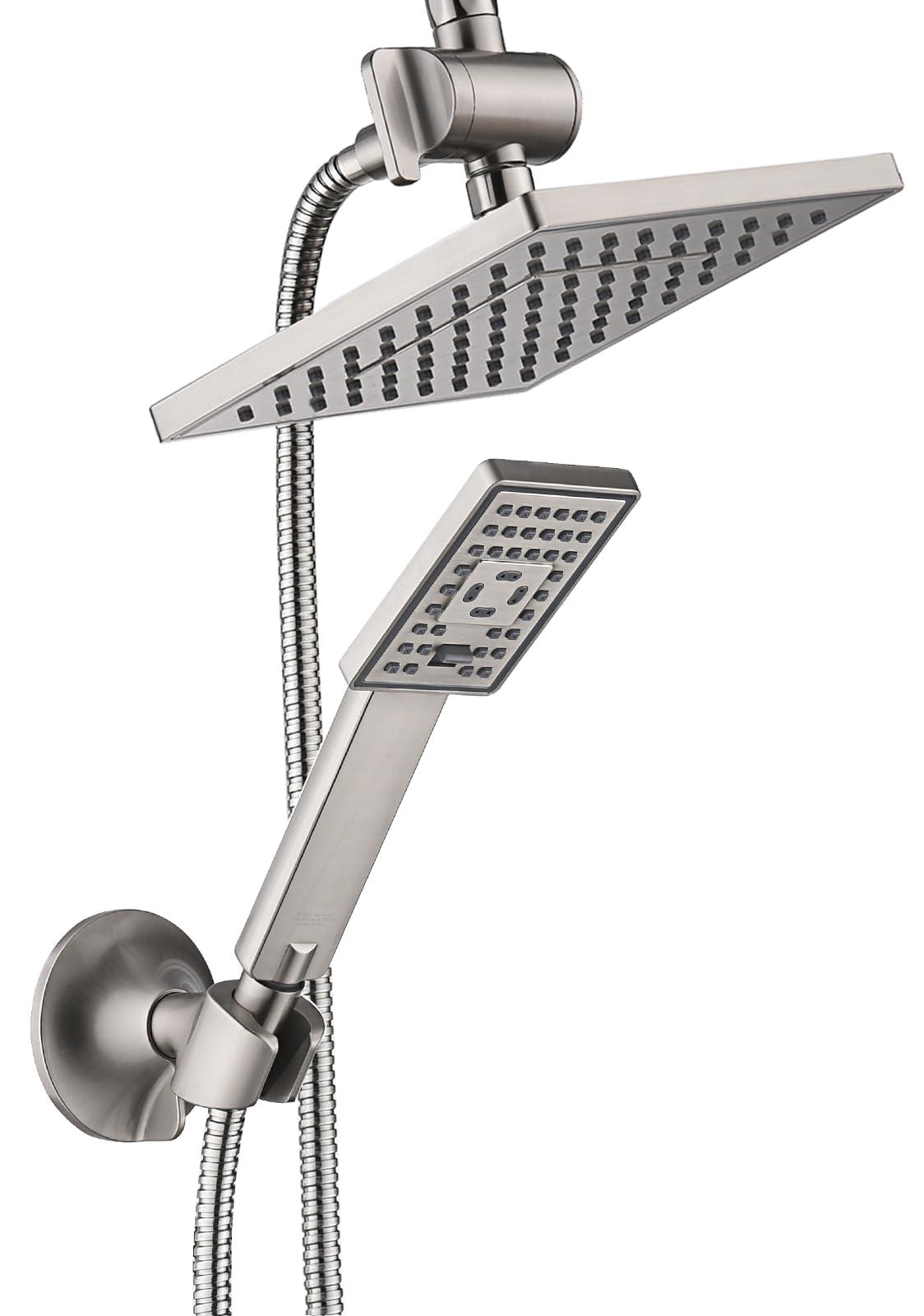 BRIGHT SHOWERS Rain Shower Head with Handheld Spray, 8 Inch Rainfall Shower Head Combo with 60" Hose, Adjustable Dual Square Showerhead Set with 3-Way Diverter, Wall Bracket, Brushed Nickel