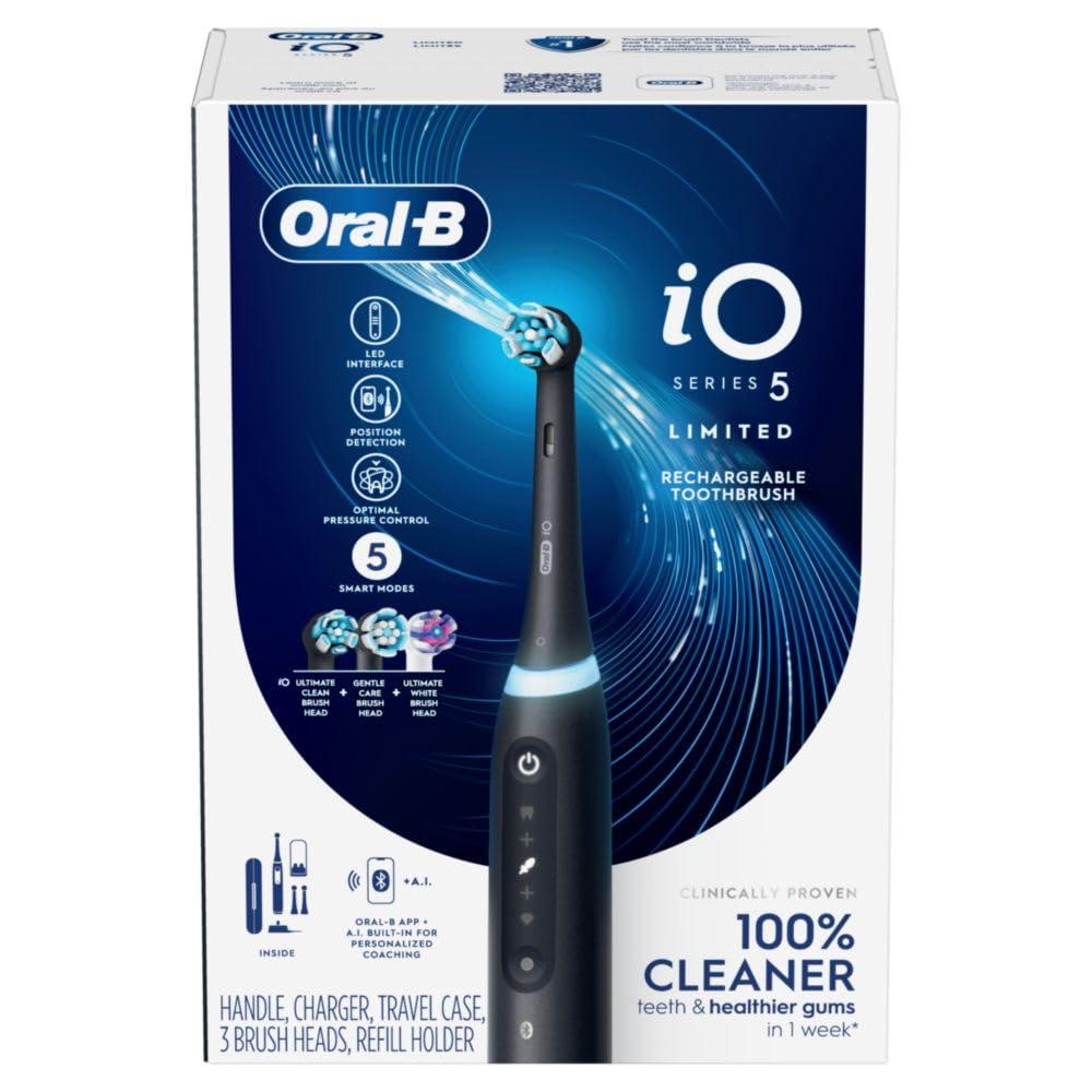 Oral-B iO Deep Clean + Whiten Rechargeable Electric Toothbrush with Visible Pressure Sensor, 2 Minute Timer, 5 Cleaning Settings, 1 iO5 Limited, 3 Toothbrush Heads, Travel Case & Refill Holder, Black - Image 9