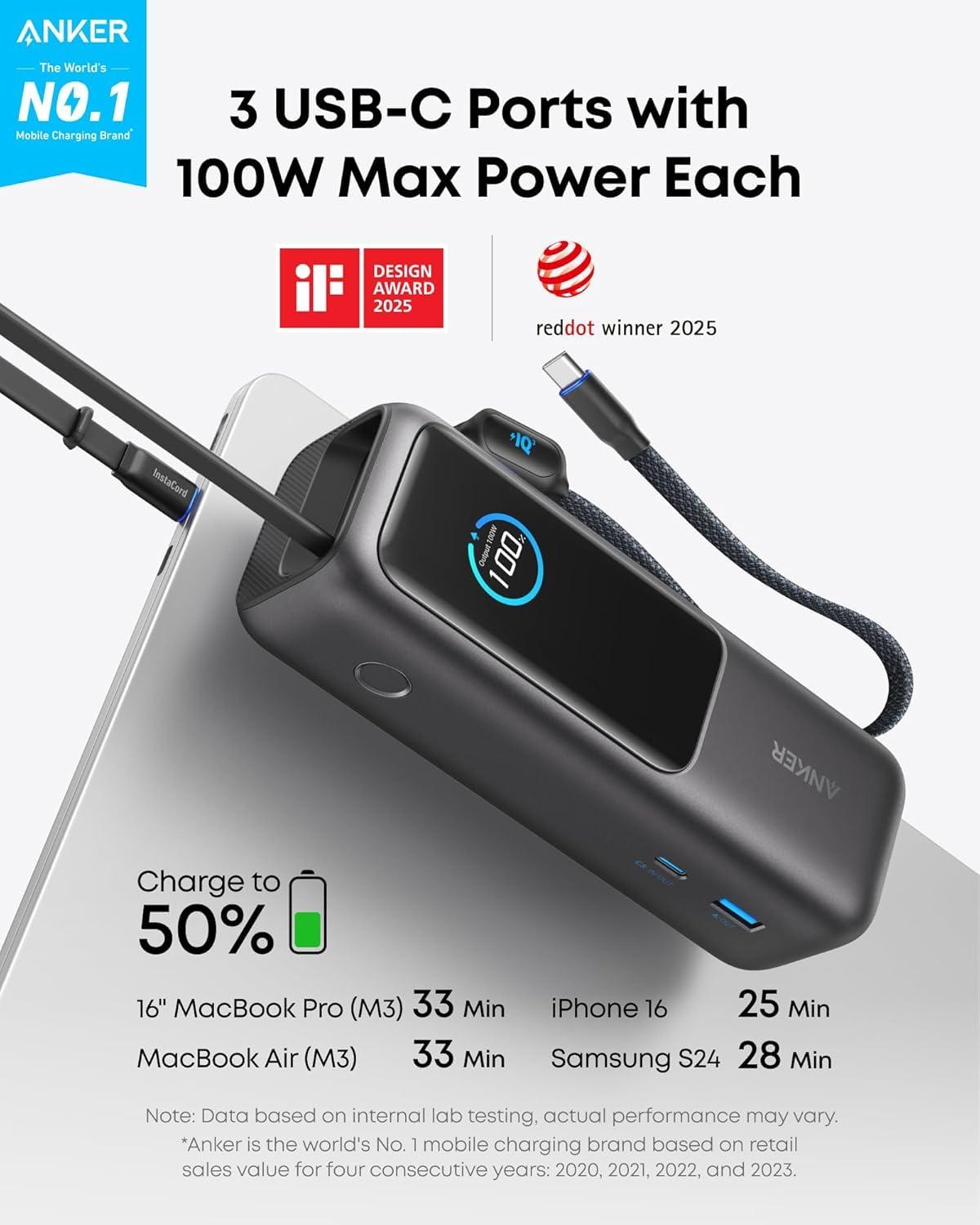 ANKER Laptop Power Bank, 25,000mAh Portable Charger with Triple 100W USB-C Ports for Multi-Device Charging, Built-in and Retractable Cables, for iPhone 16/15 Series, MacBook, Samsung, and More - Image 2
