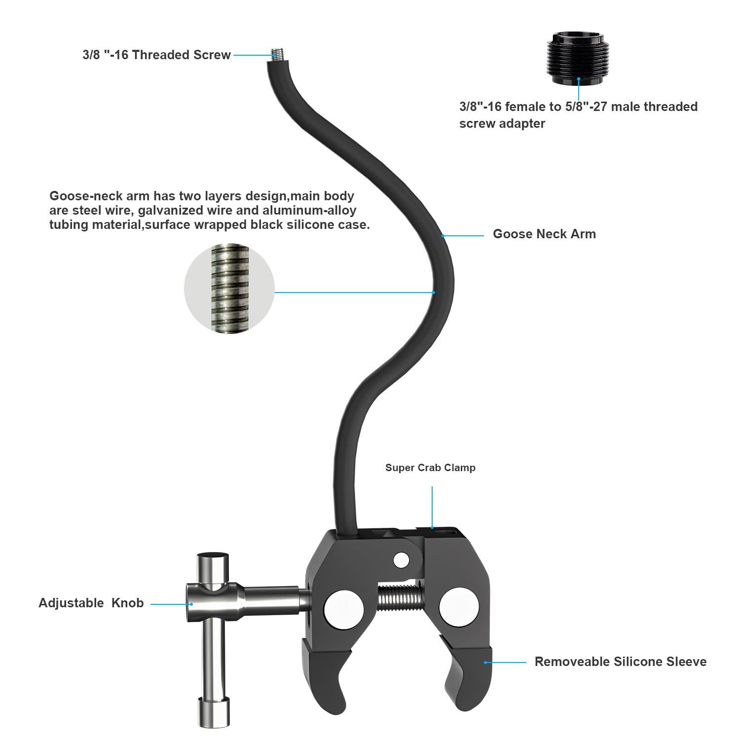 Mippko Gooseneck Microphone Stand,19.69" Flexible Adjustable Arm Super Crab Clamp Mic Clip 3/8"-16 to 5/8"-27 Adapter Mount,Compatible with Shure/Fifine / AT2020 / Pyle/Blue Snowball/Razer - Image 4