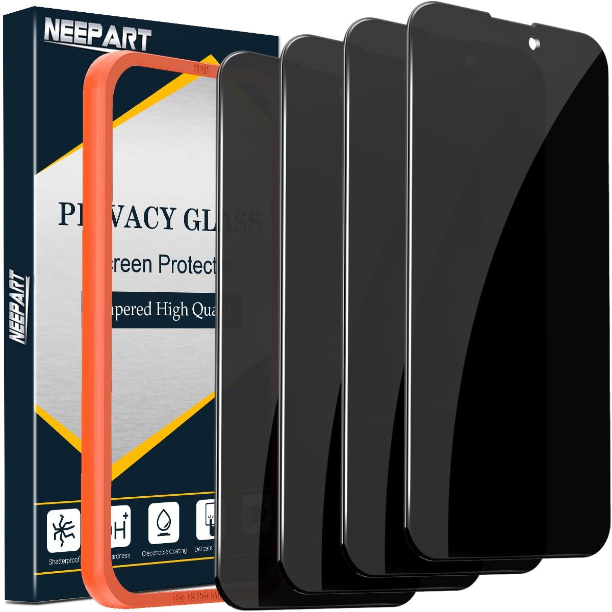NEEPART 4 Pack Privacy Screen Protector for iPhone 15 Pro Max[6.7 inch], Sensor Protection, Dynamic Island Compatible, 9H Anti Spy Private Tempered Glass Film, Anti-Scratch, Case Friendly, Easy