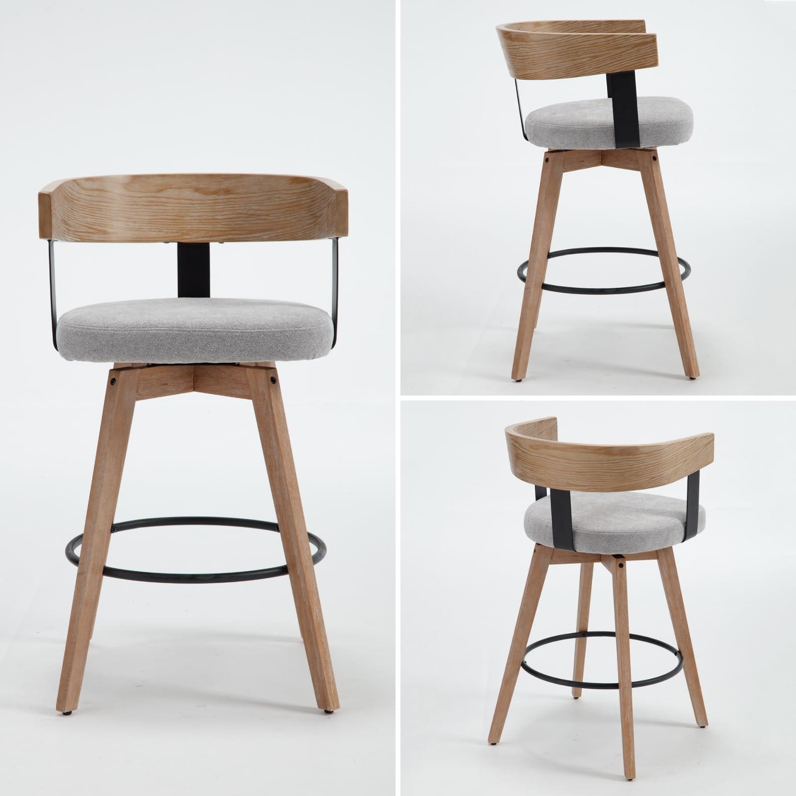 DUOMAY Modern Grey Linen Upholstered 360-Degree Swivel Bar Stool Set of 3 - 26" Counter Height with Footrest & Backrest - Ideal for Kitchen Island & Home Bar - Image 4