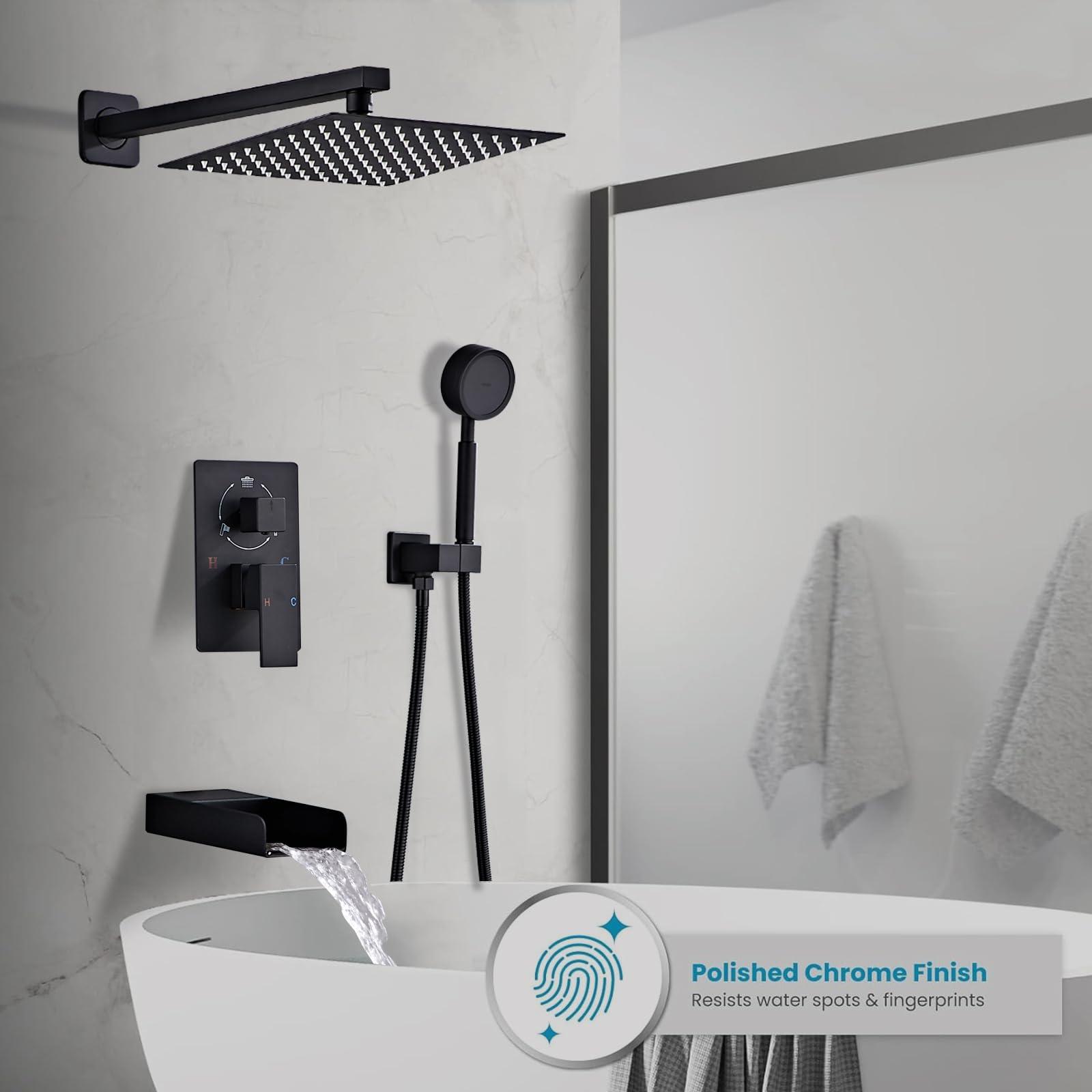 RTTWYYUU Matte Black Shower System With Tub Spout Faucet Set, Wall Mounted 10 Inch Shower Heads with Handheld Spray Combo and Tub Shower Faucet, Luxury Bathroom Square Rain Shower System - 4 Hooks - Image 7