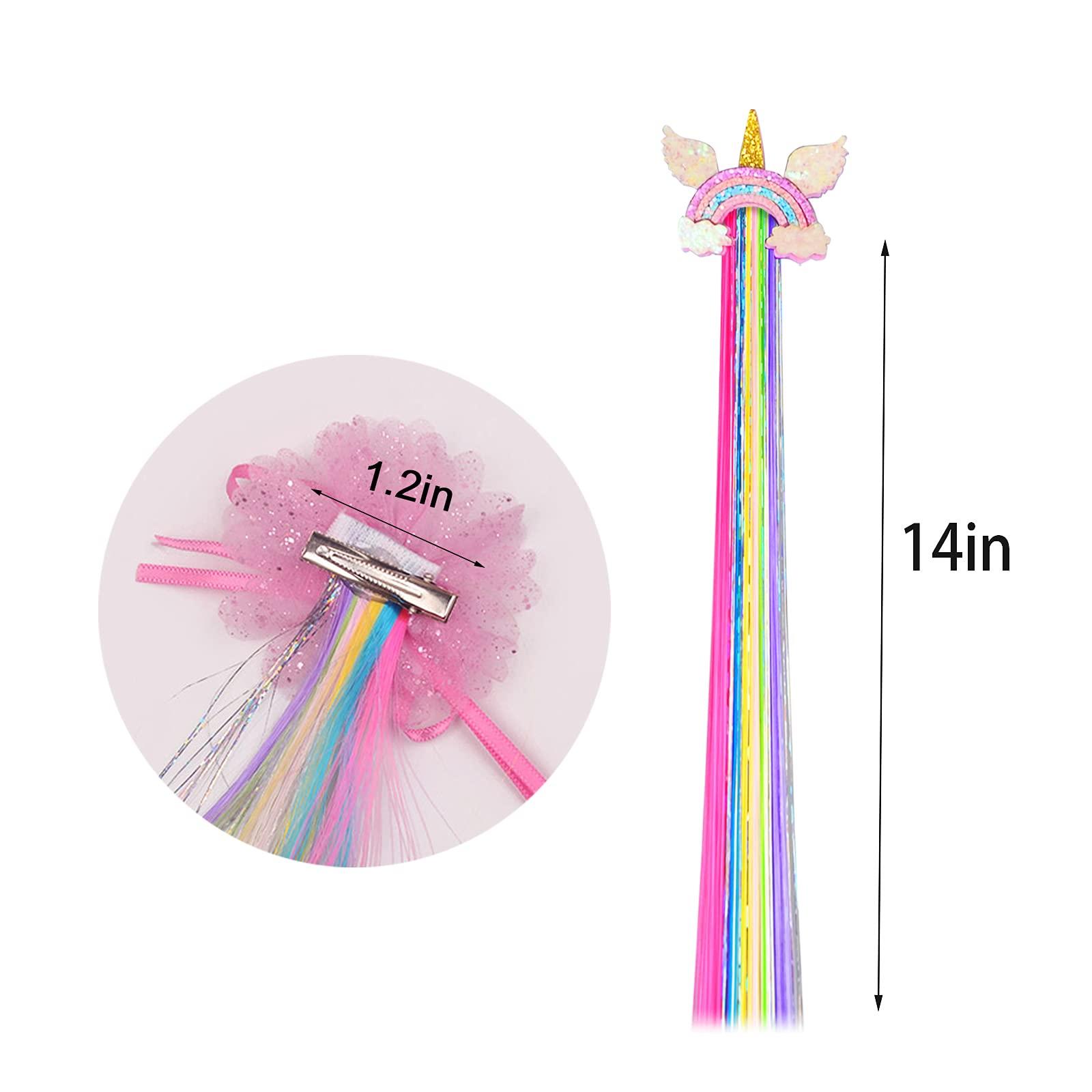 Little World Hair Clips for Girls, 6 Pcs Rainbow Hair Extensions, Unicorn Hair Clips for Girls Toddler Kids Ponytails, Hand-made Cute Glitter Hair Accessories - Image 2