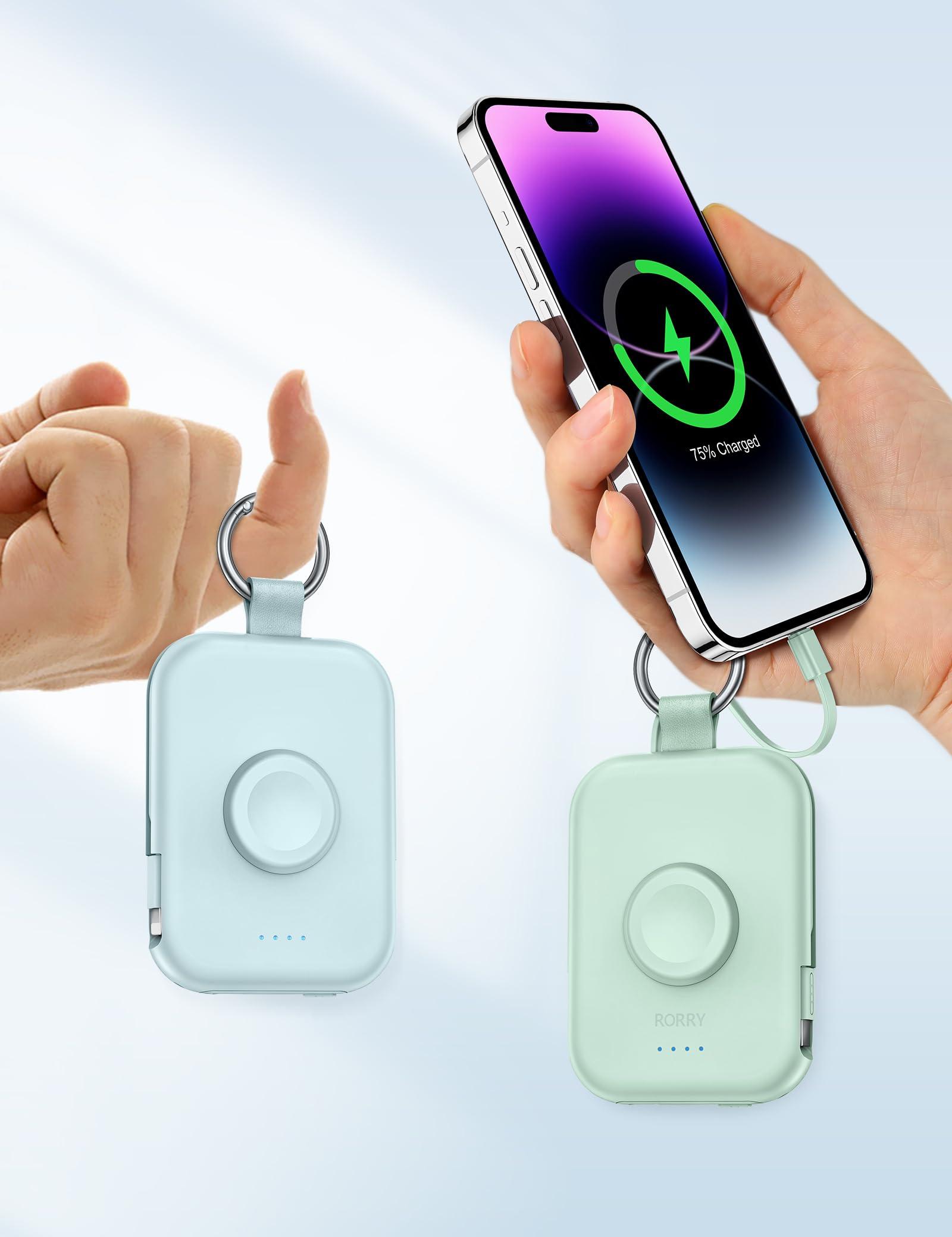 RORRY Portable Charger, 5000mAh Portable Charger Power Bank with Built-in Cables, Travel Keychain Battery Pack for Apple Watch Ultra 2/10/9/8/Ultra/7/6/SE/5, iPhone 16/15/14/13/12, Pink - Image 6