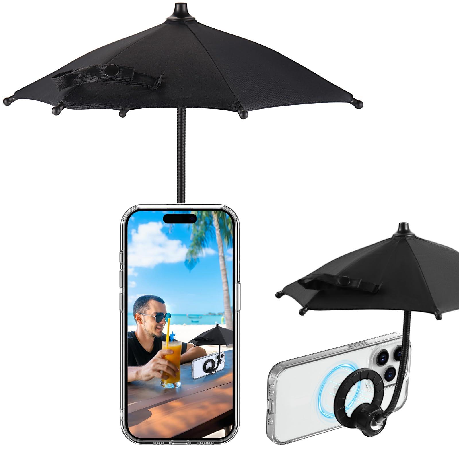 OUTXE Magnetic Phone Umbrella, Universal Mini Tanning Sun Shade Cover Compatible with Magsafe Cell iPhone/Android/iPad/Kindle (Black)