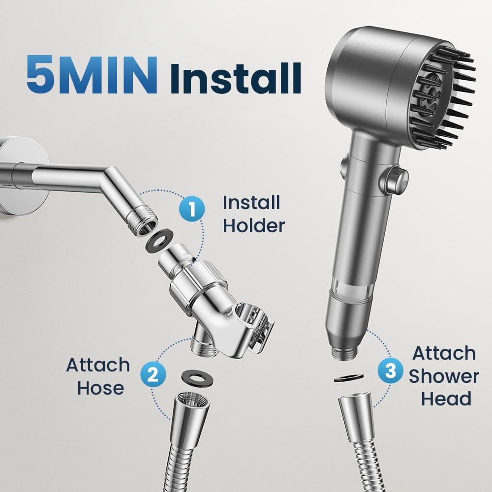 JOMST Filtered Shower Head with Handheld,High Pressure Shower Head 4 Spray Modes,ShowerHead with ON/OFF Switch for Pets,Built-in Power Wash to Clean Tub,Shower Heads Combo with Stainless Steel Hose - Image 7