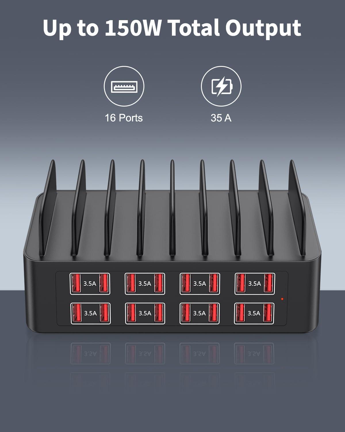 150W Charging Station for Multiple Devices, 16 Port Phone Charger Station, Multi USB Organizer Charger Station for iPhone, Android, iPad, Cell Phone, Tablets - Image 2
