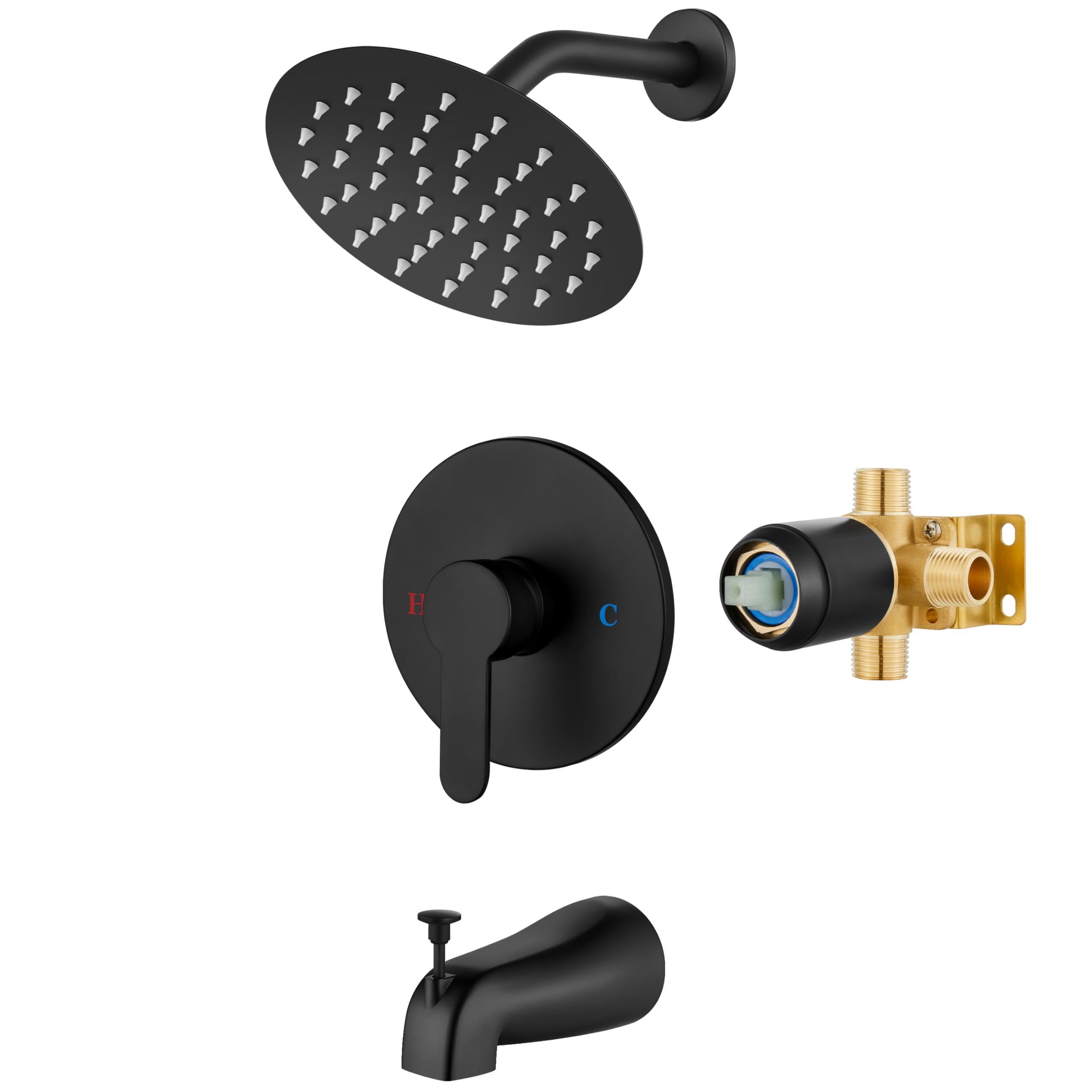 Airuida Shower Faucet Set with Tub Spout Bathtub Faucet Kit Shower Tub Faucet Set Complete Tub Shower Trim Kit with Solid Brass Rough-in Valve Rainfall Round 6 Inch Shower Head Matte Black