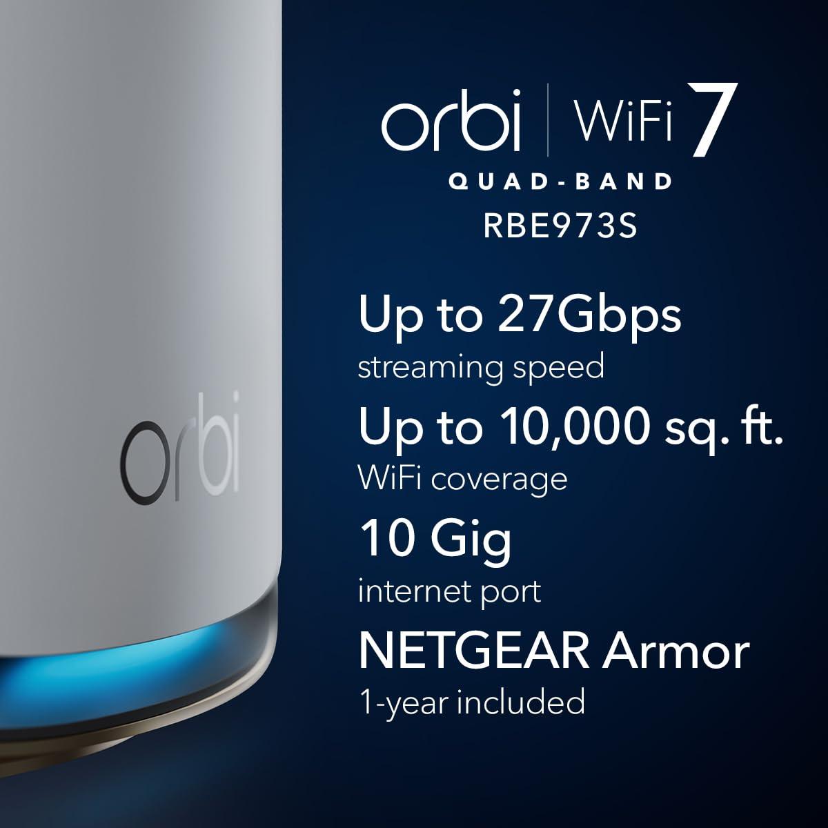 NETGEAR Orbi 970 Series Quad-Band WiFi 7 Mesh Network System (RBE973S), Router + 2 Satellite Extenders, Security Features, Up to 27Gbps, Covers Up to 10,000 sq. ft., 200 Devices, 10 Gig Internet Port - Image 2