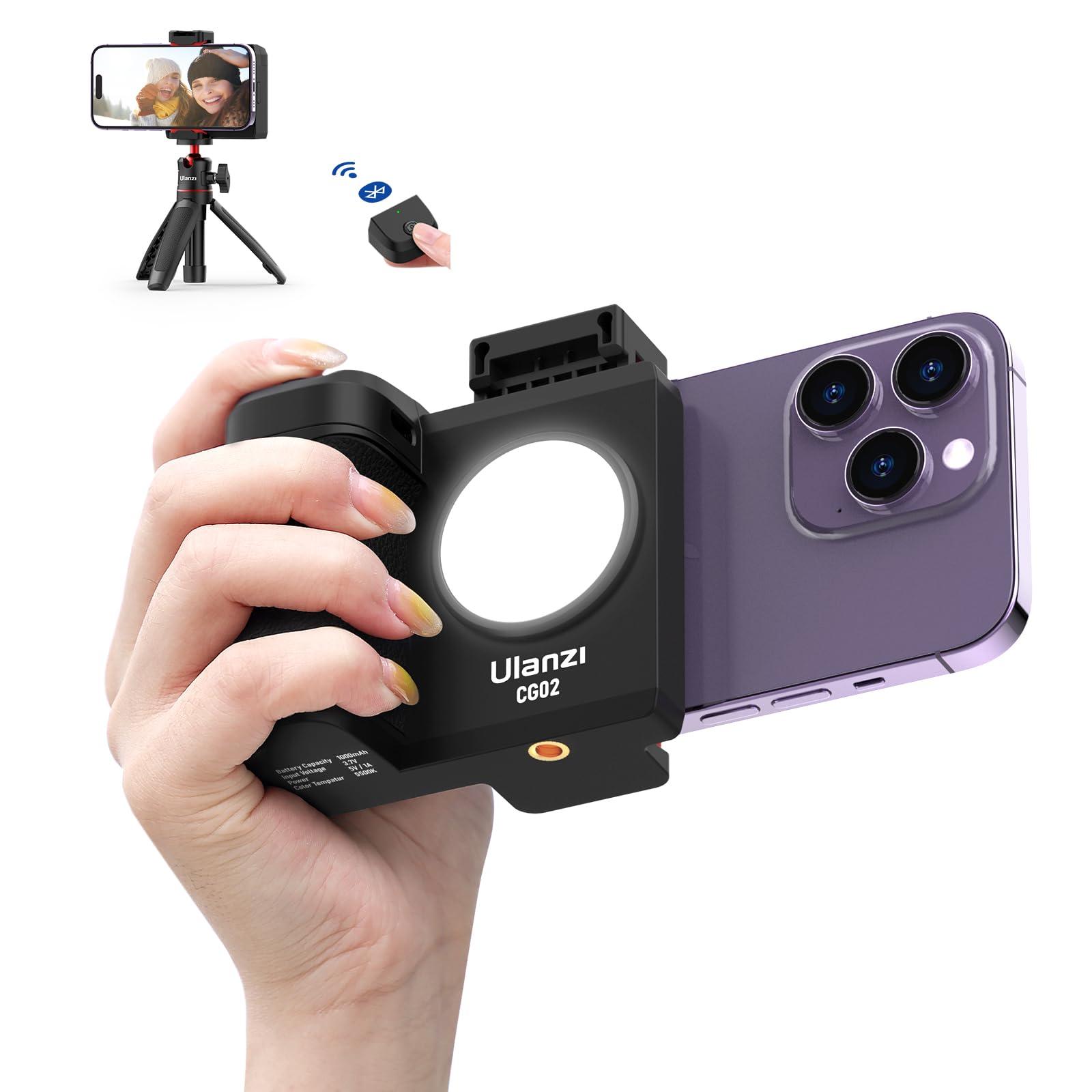 CG-02 Grip Holder for Smartphone Upgraded Phone Camera Grip w Remote Shutter Handheld Tripod Mount Fill Light Handheld Photography Accessories for iPhone 16 15 14 Pro Max etc