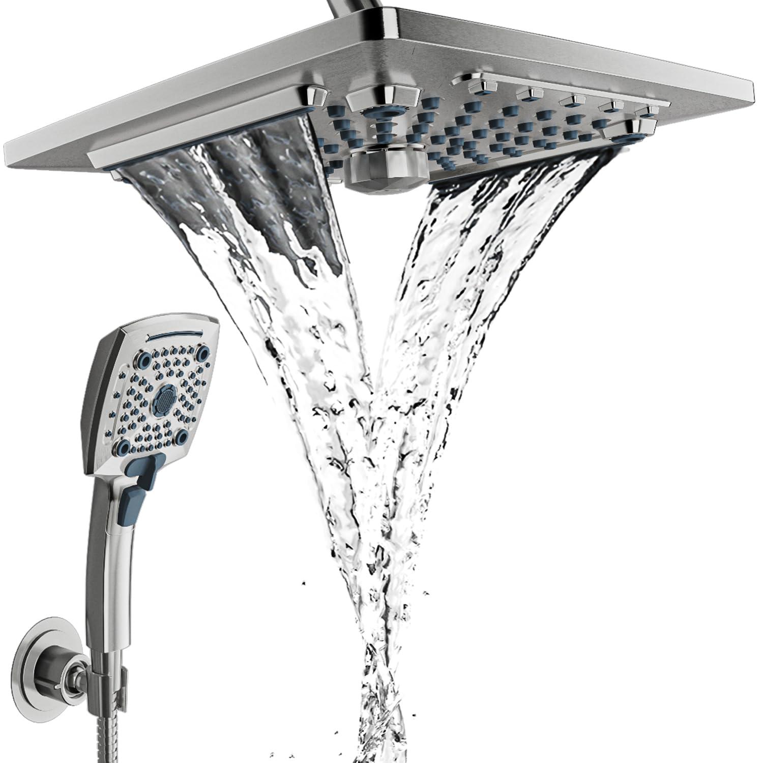 ELLO&ALLO Rain Shower Head with Handheld Spray, Rainfall Shower Head Combo with 60" Hose, Adjustable Dual Showerhead Set with 3-Way Diverter, Brushed Nickel