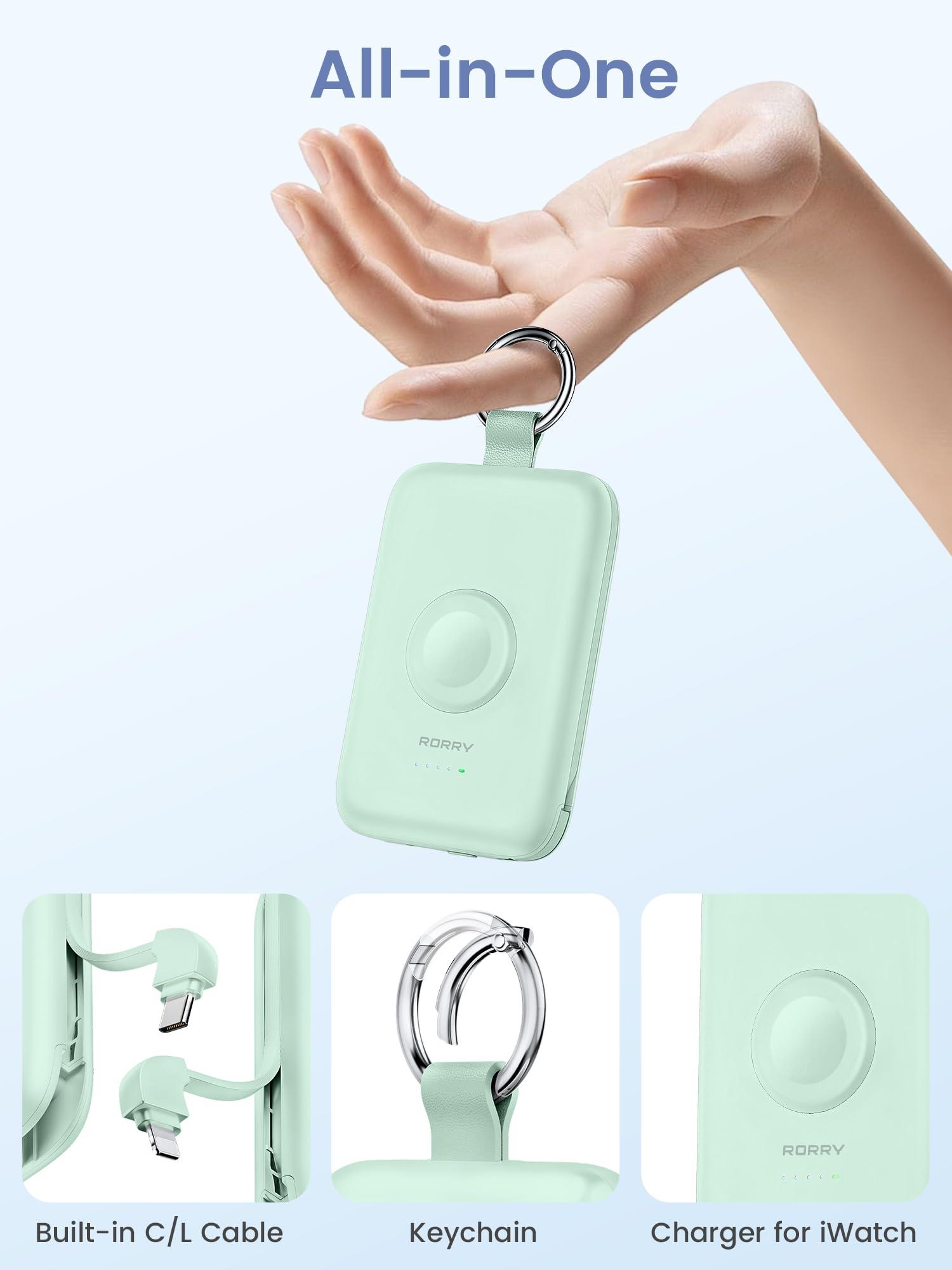 RORRY Portable Charger, 10000mAh PD 20W Fast Charging Portable Charger Power Bank with Built in Cables, Travel Battery Pack for iPhone 16/15/14/13/12/11 and Apple Watch Ultra/10/9/8/7/6/5/4/3, Green - Image 2