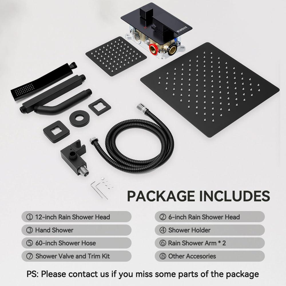 Shower Faucet Set Ceiling Shower System, STARBATH 12+6" Dual Rain Shower Head with Handheld Spray for Two People,Rainfall 3 Way Shower Valve with 5 Diverter and Trim Kit Complete, Matte Black - Image 8