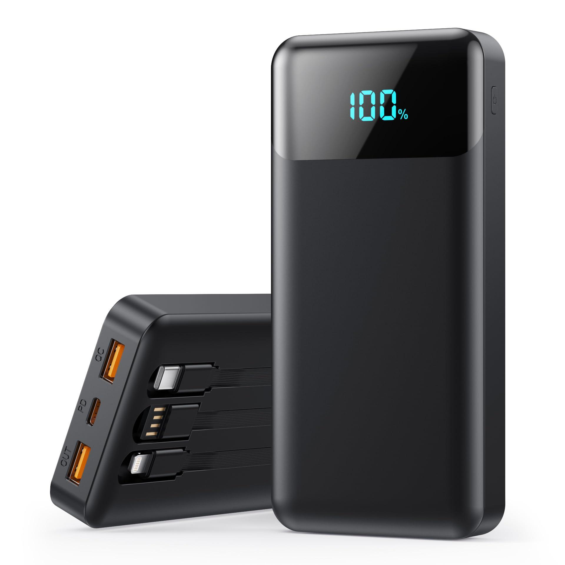 Portable Charger 40800mAh Power Bank with 3 Built-in Cable,25W PD USB C in&Out Power Bank Fast Phone Charging,QC4.0 LED Display Portable Battery Pack Compatible with iPhone 16/15, Galaxy Android-Black