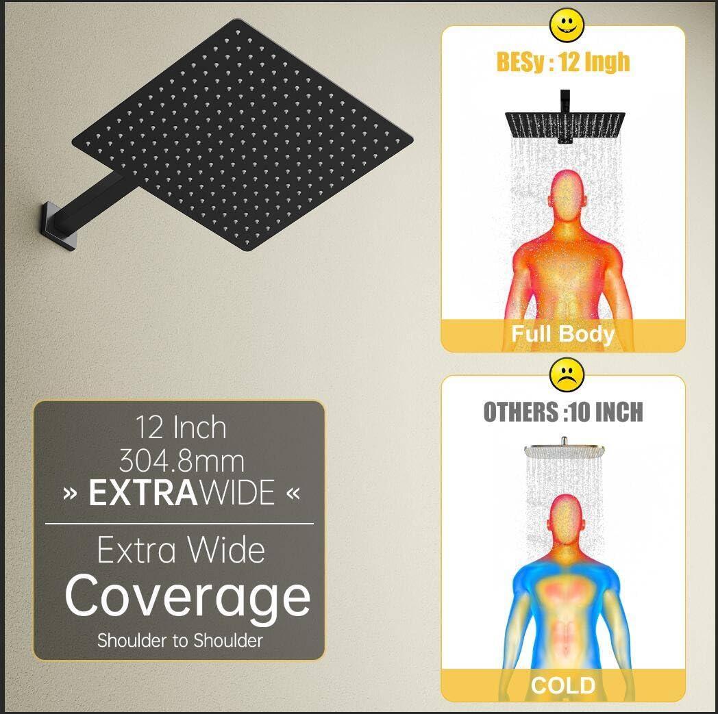 BESy Shower System with 12 Inch Rain Shower Head and Handheld Wall Mounted, High Pressure Rainfall Shower Faucet Fixture Combo Set with 2 in 1 Handheld Showerhead for Bathroom, Matte Black - Image 4