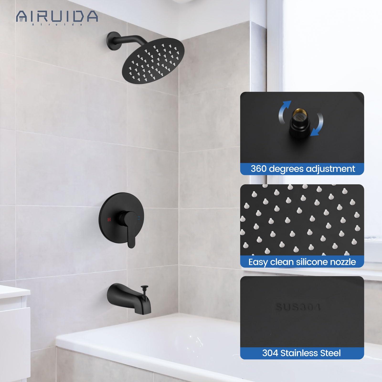Airuida Shower Faucet Set with Tub Spout Bathtub Faucet Kit Shower Tub Faucet Set Complete Tub Shower Trim Kit with Solid Brass Rough-in Valve Rainfall Round 6 Inch Shower Head Matte Black - Image 9