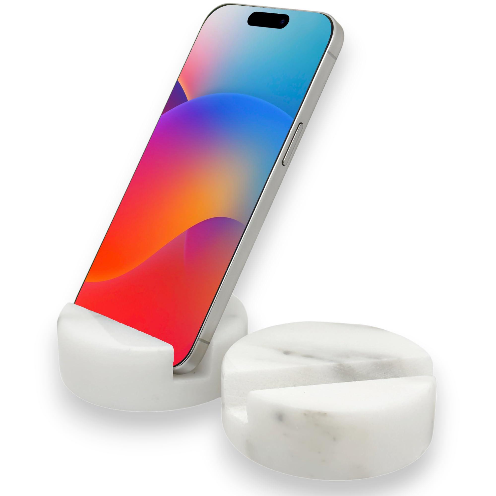 TransMarble Luxury Marble Cell Phone Stand Holder for Popular Smartphones (1 Pcs) - Real Solid Marble Mobile Phone Stands as Office Desk or Kitchen Countertop Decor (Starry White)