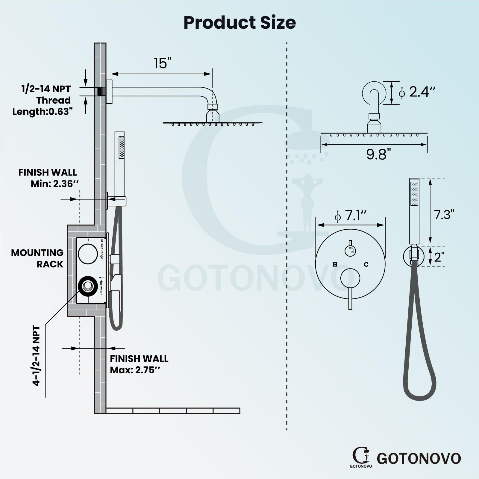 gotonovo Shower System 10 Inch Round Rainfall Showerhead Wall Mounted High Pressure Shower Faucet Set Fixture Combo with Rough in Valve and Cylindrical Handheld Spray, Matte Black - Image 3