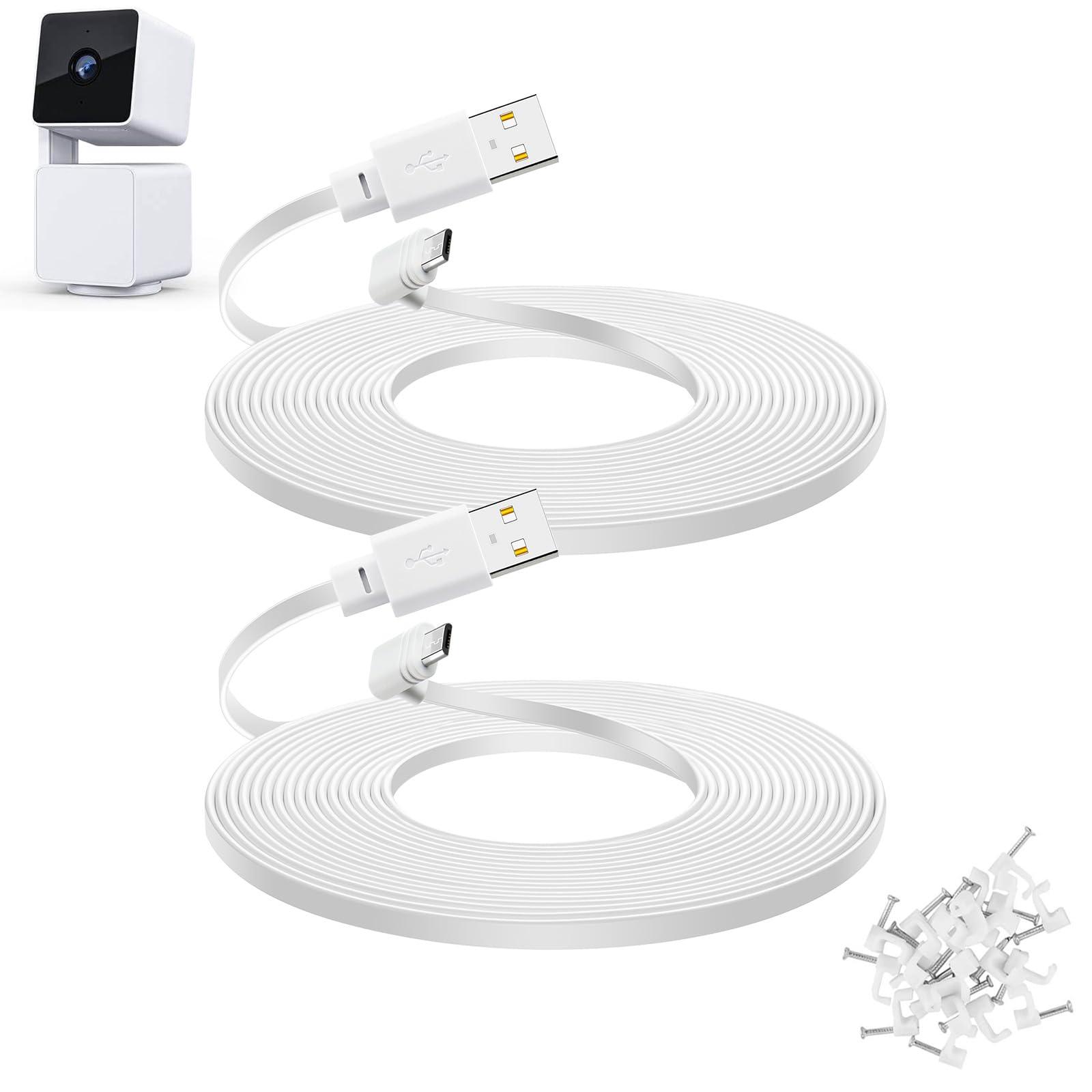 YEAOI 2-Pack 30 ft Extension Cable for WYZE Cam Pan V3 Outdoor Camera, Micro USB 90 Degree Power Adapter, Flat Cord, White