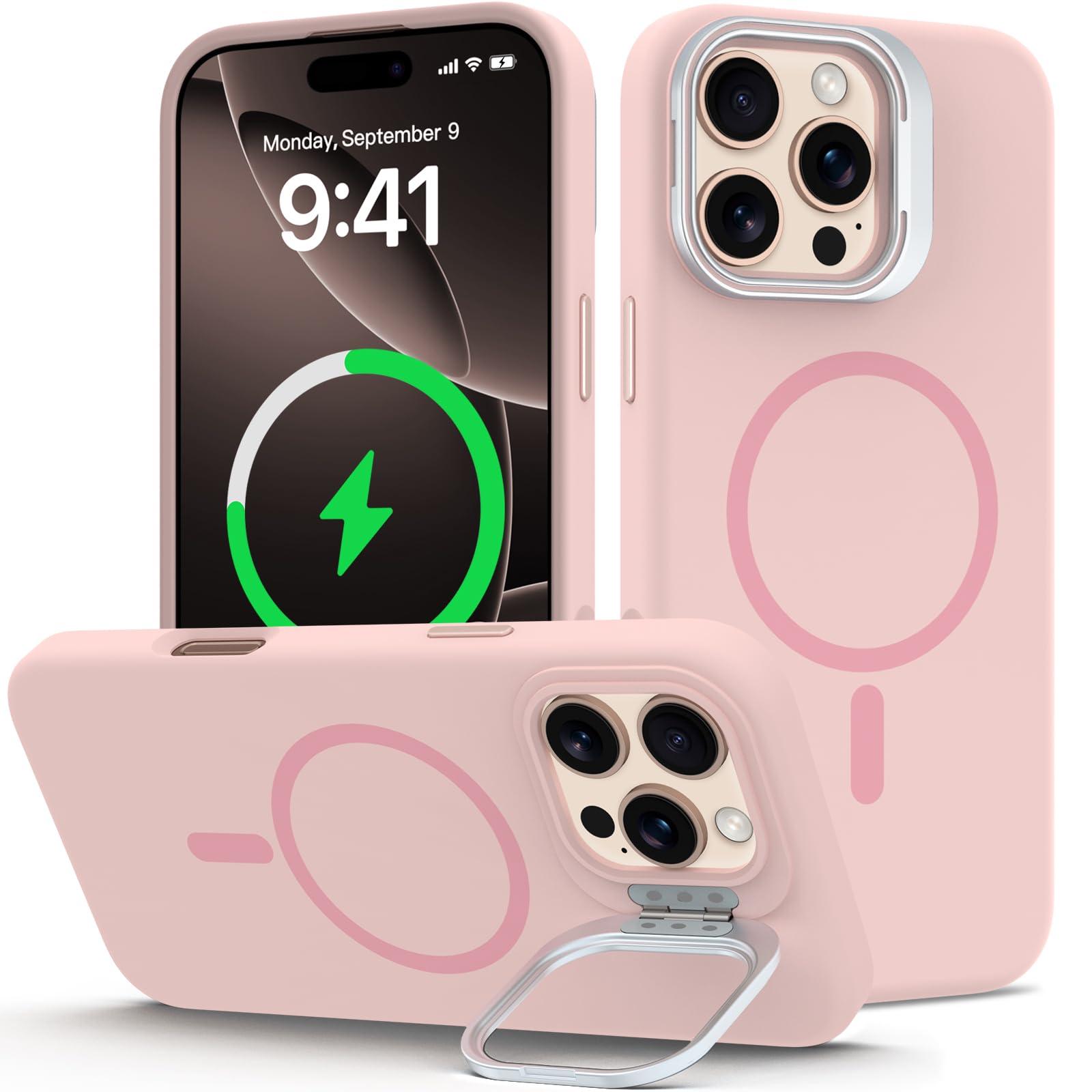 Vanxiliiy for iPhone 16 Pro Max Liquid Silicone Case with Invisible Camera Ring Stand Compatible with Magsafe, Slim Metal Buttons Anti-Impact Magnetic Protective Case for iPhone 16 Pro Max 6.9", Pink - Image 2