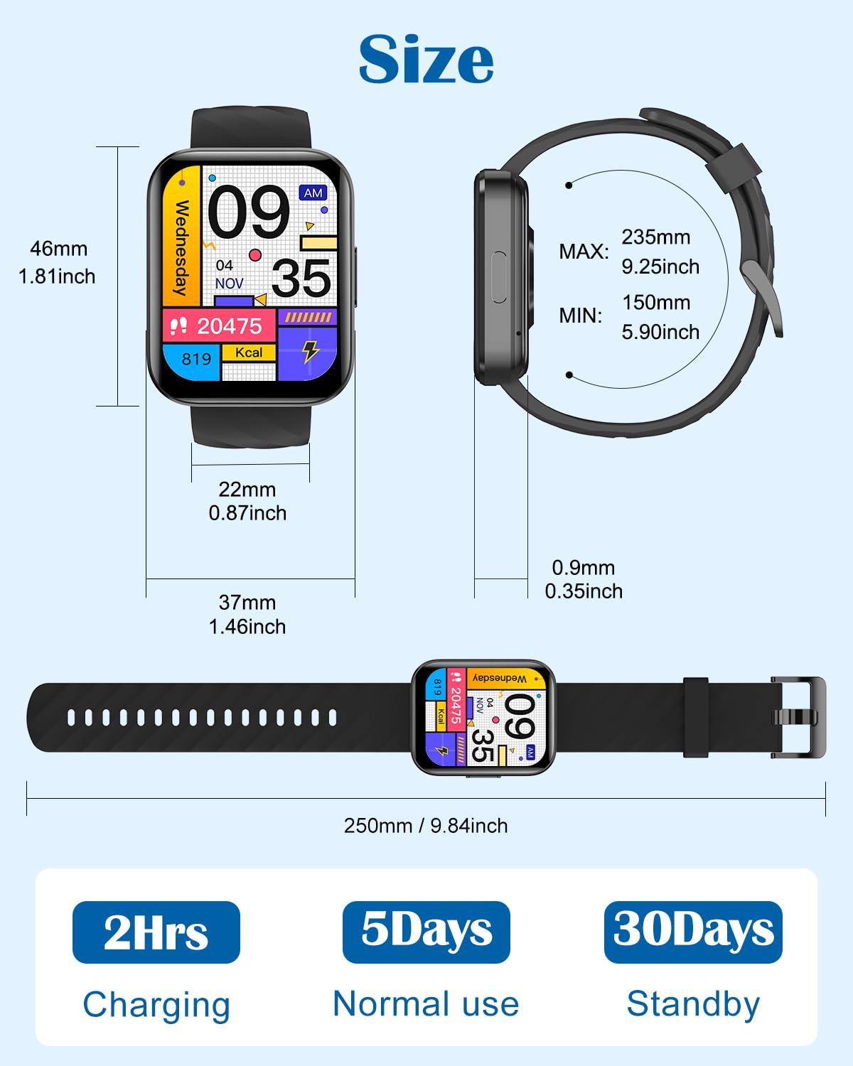 RUIMEN Smart Watches for Men Women (Answer/Make Calls) Compatible with iPhone/Android Phones, 1.85" HD Screen Fitness Tracker Heart Rate Monitor 100+ Sports Tracker Watch Waterproof (Black) - Image 7